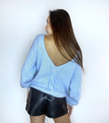 Angora light blue sweater Open back Deep neckline Knit Pastel fluffy angora pullover Loose fit oversized V-neck Top long sleevs Cozy gift