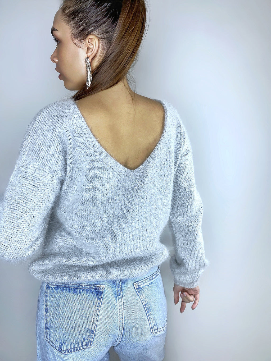 Grey melange angora sweater Open back Deep neckline Knit fluffy angora pullover Loose fit oversized V-neck Top long sleevs Cozy gift her