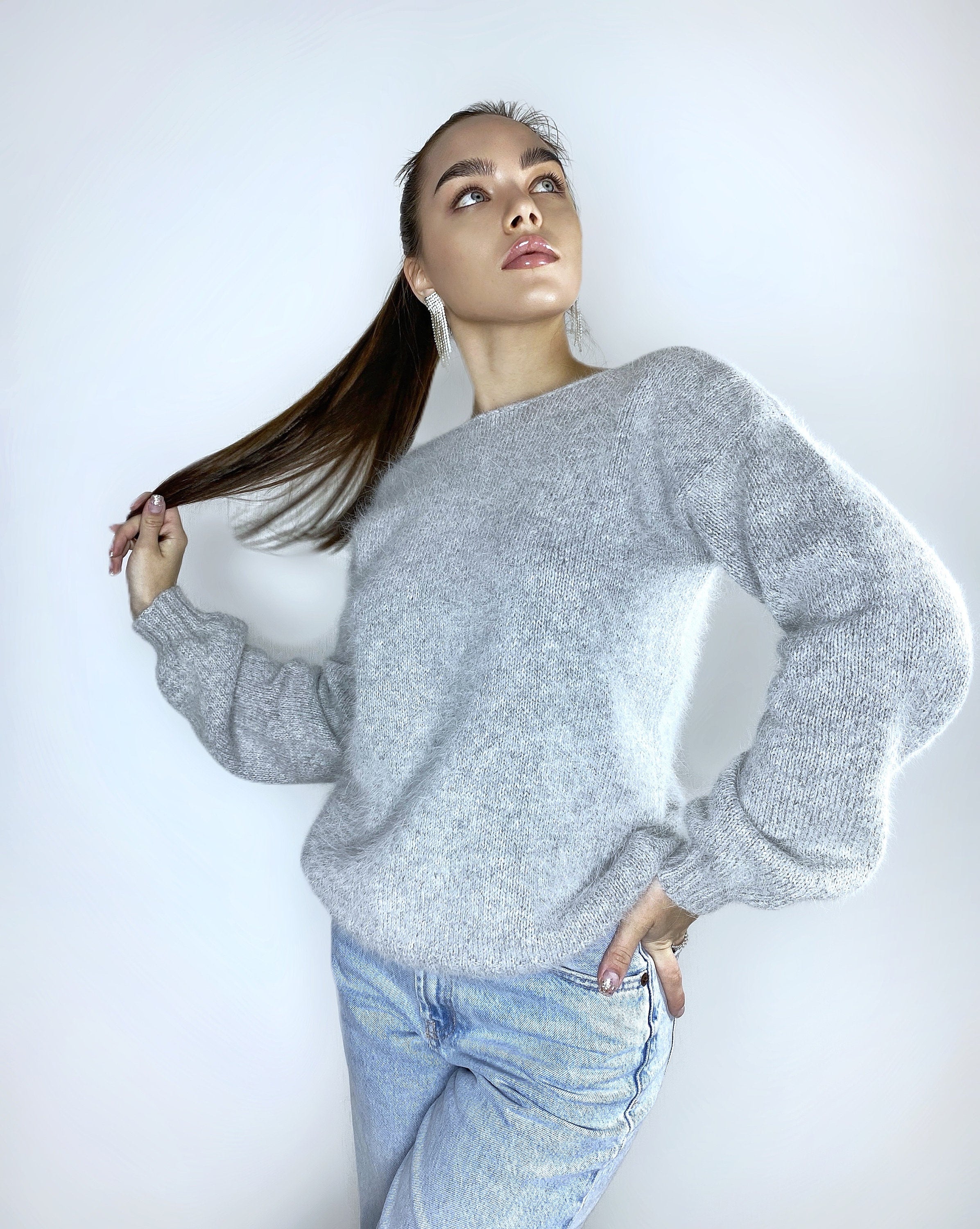 Grey melange angora sweater Open back Deep neckline Knit fluffy angora pullover Loose fit oversized V-neck Top long sleevs Cozy gift her