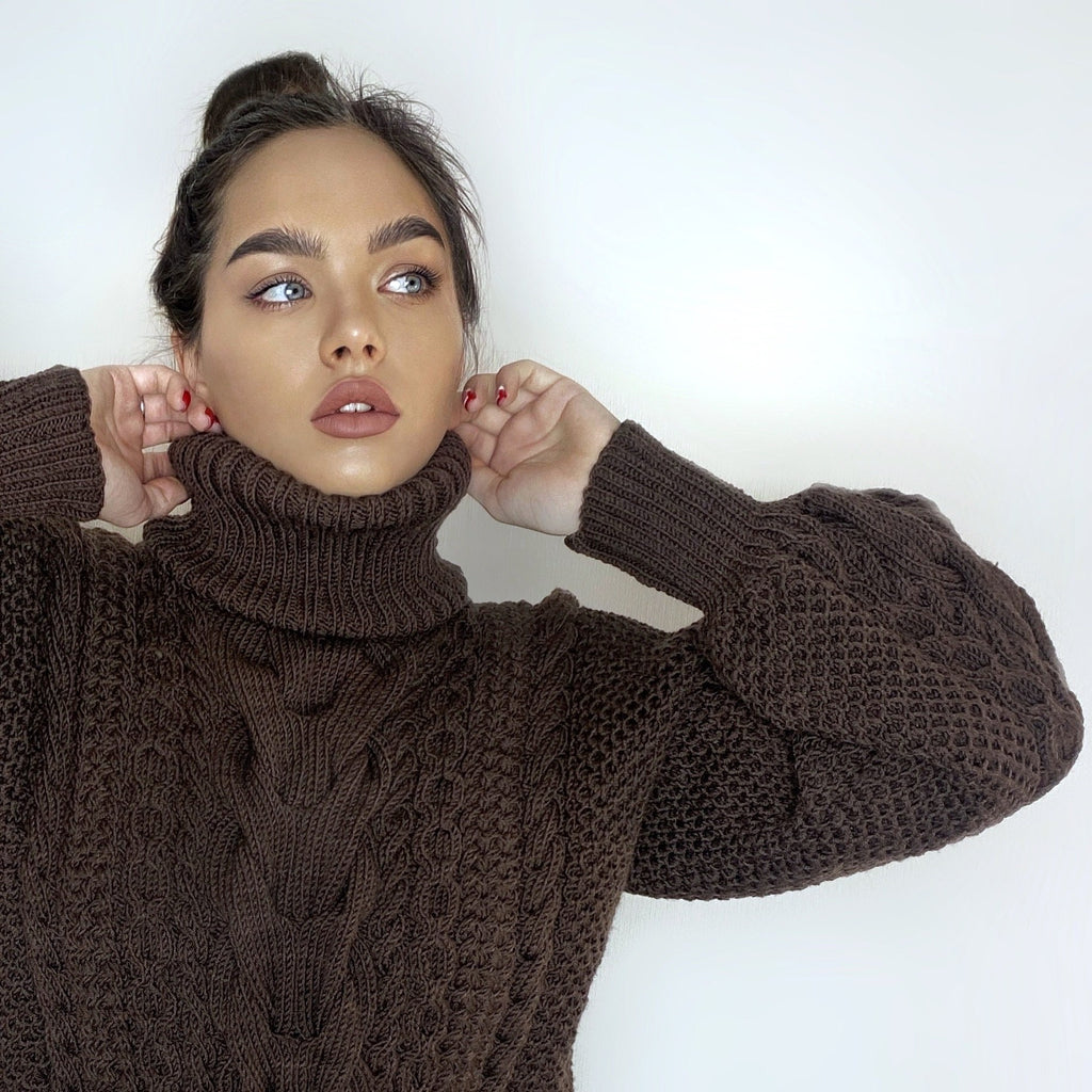 Hand knitted soft merino wool dark brown chocolate sweater Chunky Knit Turtleneck Oversized Pullover Womens Cable knit Jumper winter sweater