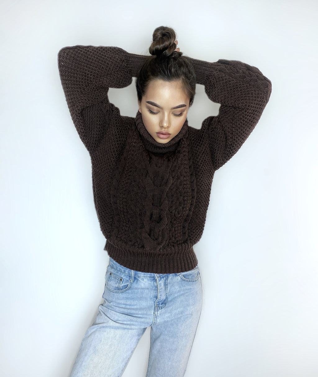 Hand knitted soft merino wool dark brown chocolate sweater Chunky Knit Turtleneck Oversized Pullover Womens Cable knit Jumper winter sweater