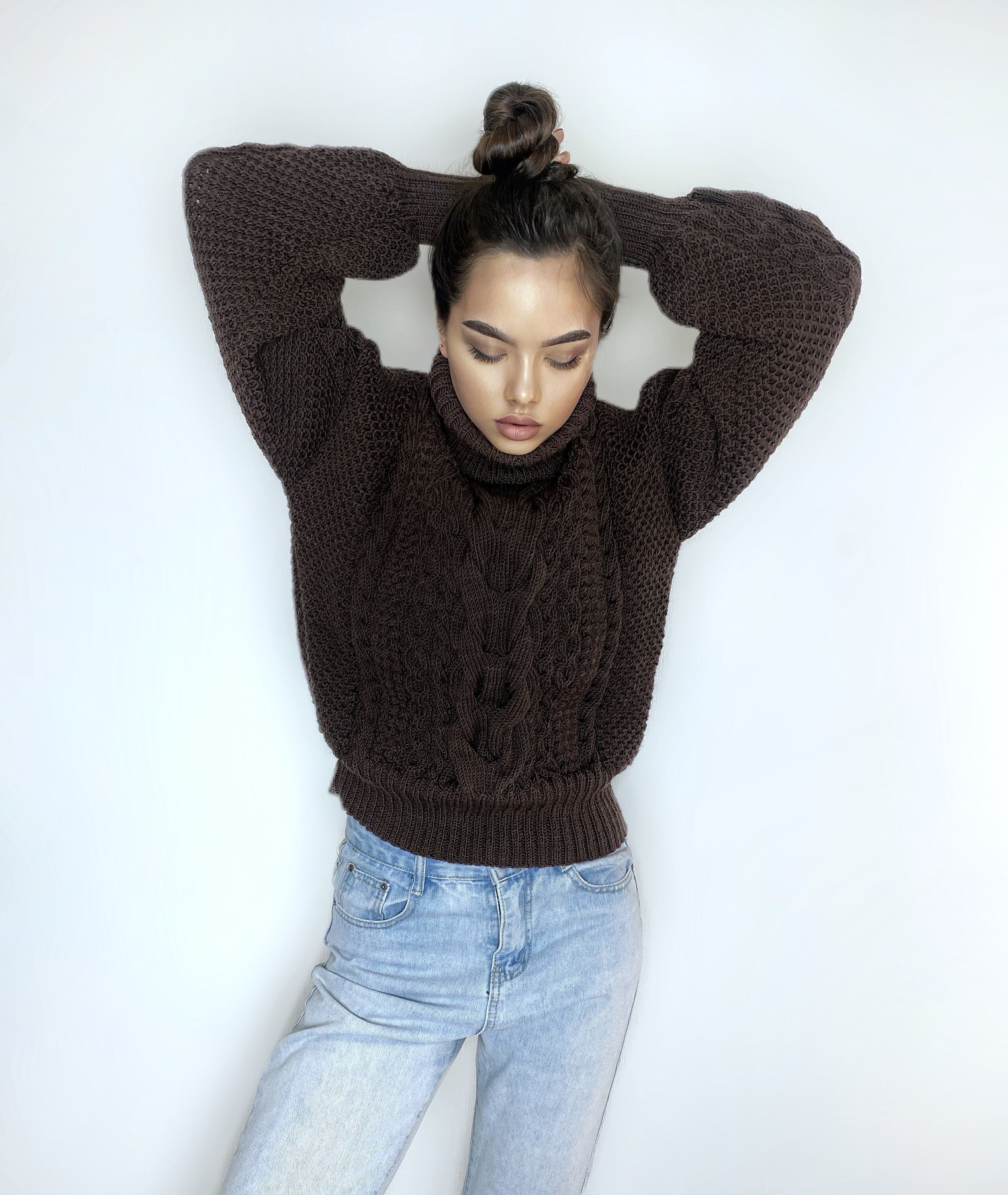 Hand knitted soft merino wool dark brown chocolate sweater Chunky Knit Turtleneck Oversized Pullover Womens Cable knit Jumper winter sweater