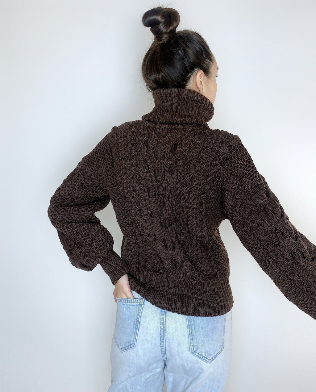 Hand knitted soft merino wool dark brown chocolate sweater Chunky Knit Turtleneck Oversized Pullover Womens Cable knit Jumper winter sweater