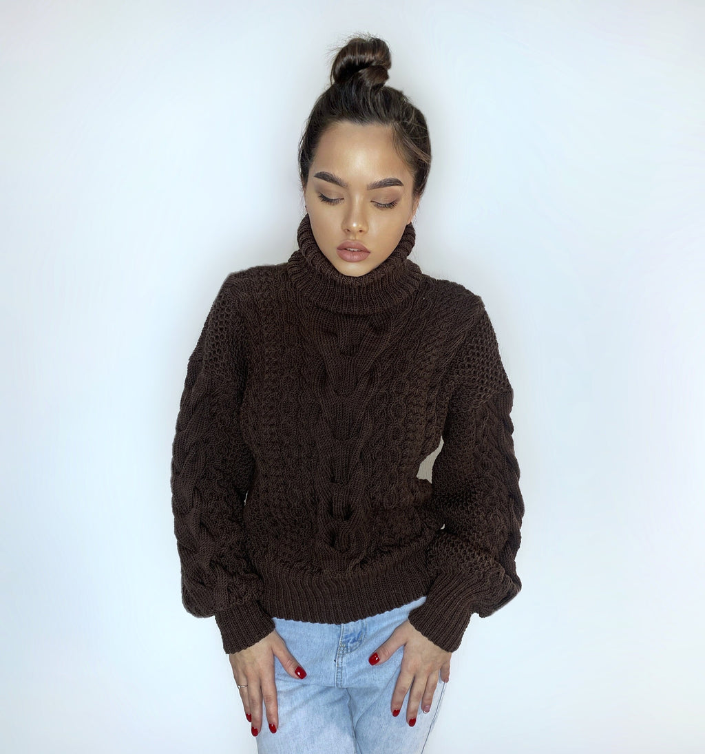 Hand knitted soft merino wool dark brown chocolate sweater Chunky Knit Turtleneck Oversized Pullover Womens Cable knit Jumper winter sweater