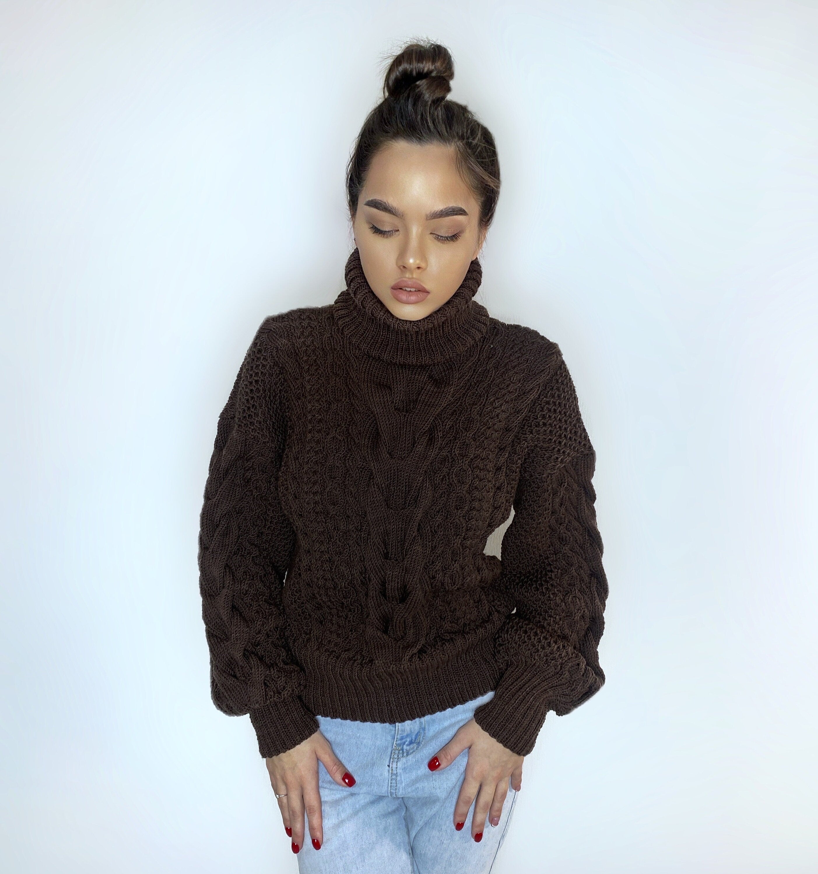 Hand knitted soft merino wool dark brown chocolate sweater Chunky Knit Turtleneck Oversized Pullover Womens Cable knit Jumper winter sweater
