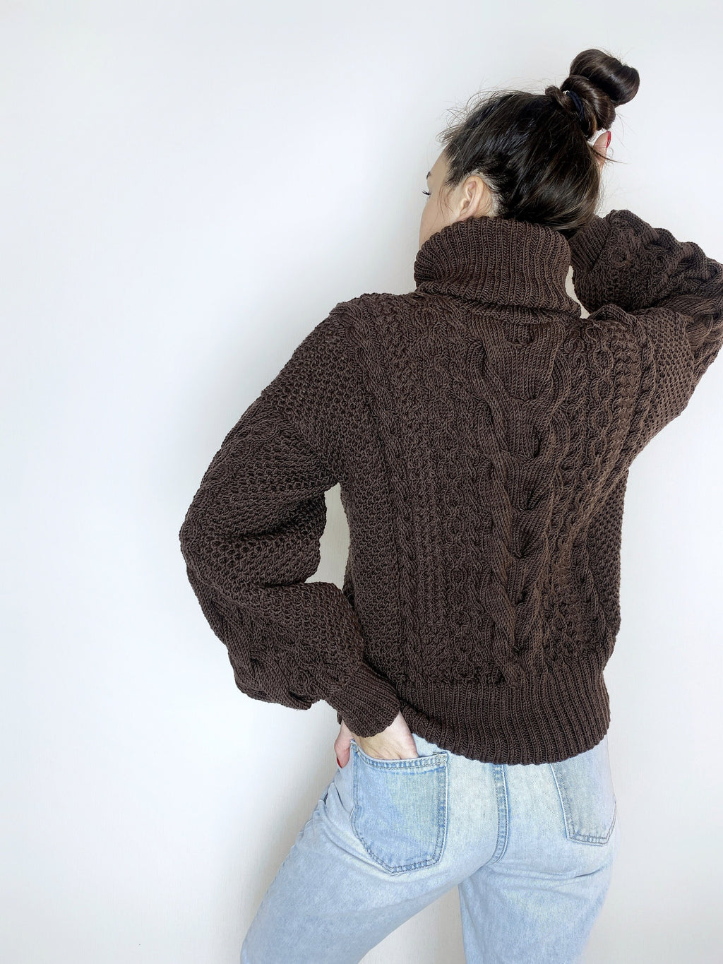 Hand knitted soft merino wool dark brown chocolate sweater Chunky Knit Turtleneck Oversized Pullover Womens Cable knit Jumper winter sweater