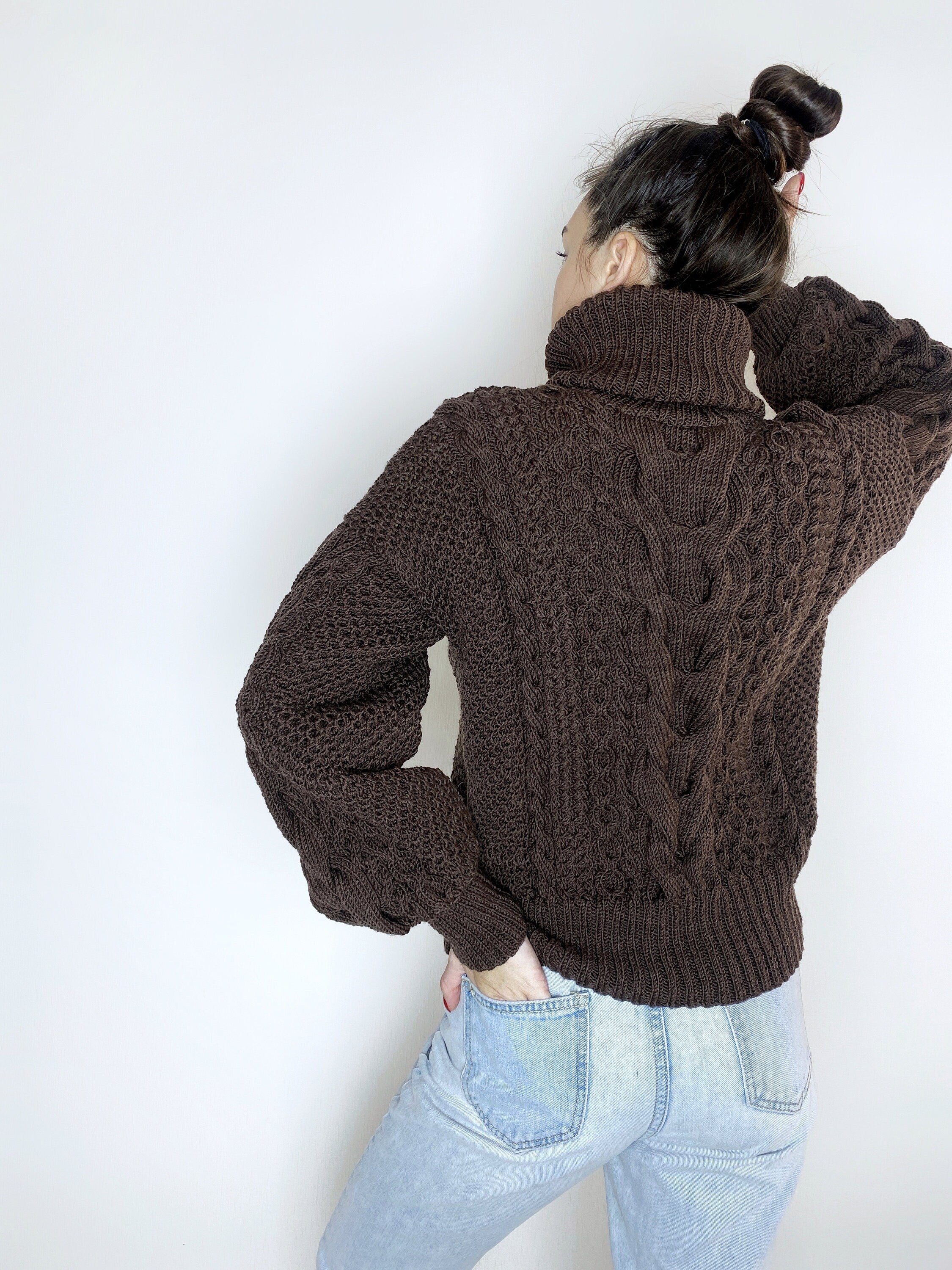 Hand knitted soft merino wool dark brown chocolate sweater Chunky Knit Turtleneck Oversized Pullover Womens Cable knit Jumper winter sweater