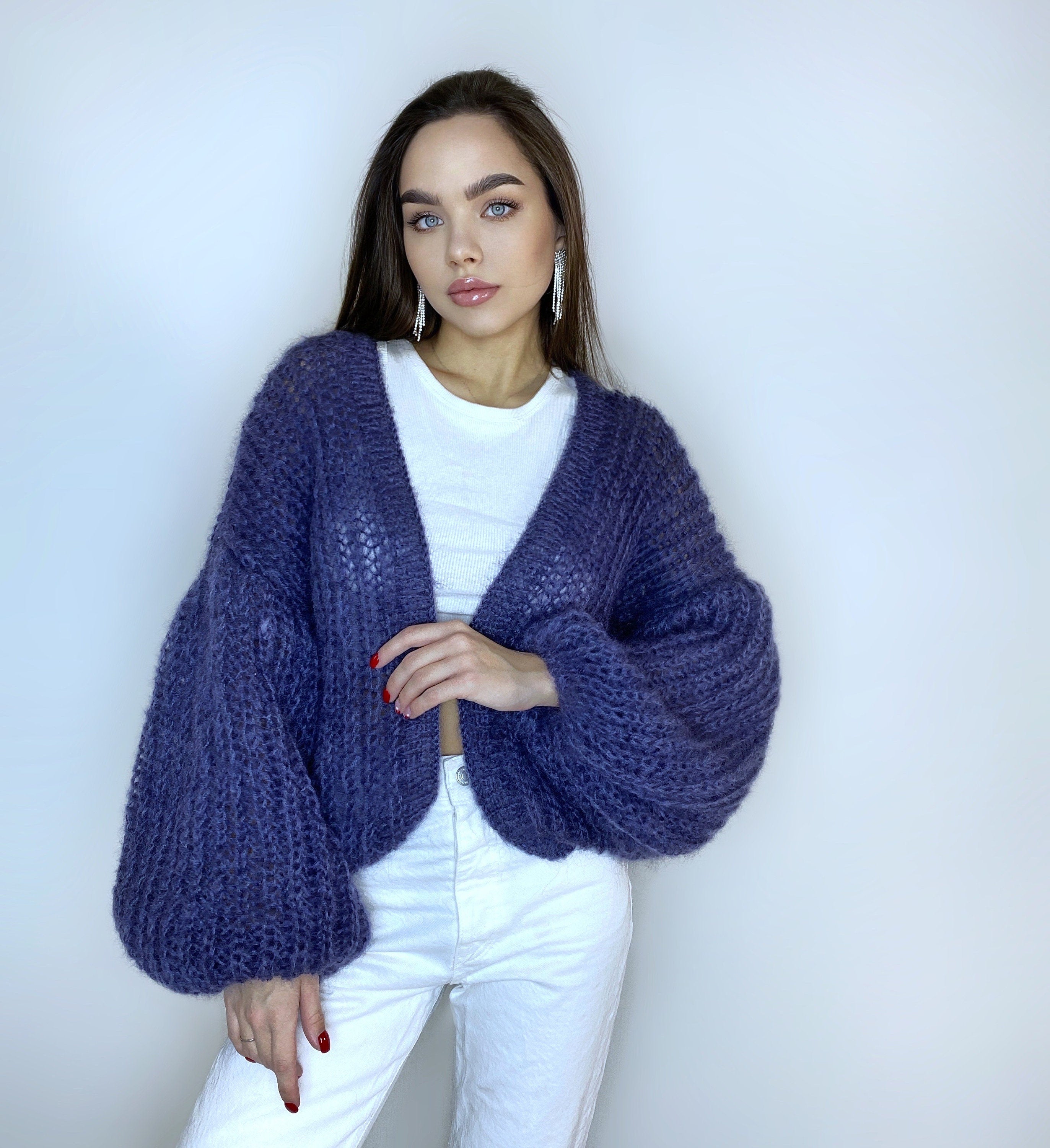 Mohair cardigan women Wedding cardigan Mohair sweater Dark blue knitted coat Jacket Women Bridal shrug bolero wool Fluffy short cardigan
