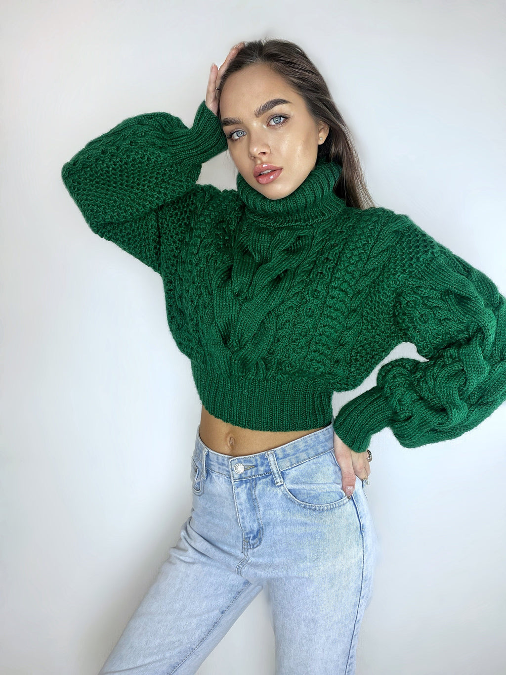 Crop hand knitted green emerald sweater Chunky Knit Turtleneck Oversized Pullover Women's Cable knit Jumper merino wool winter sweater