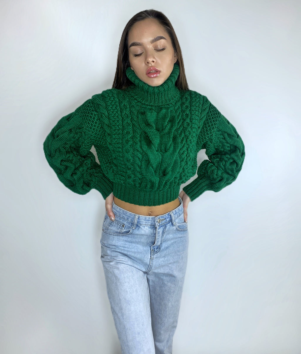 Crop hand knitted green emerald sweater Chunky Knit Turtleneck Oversized Pullover Women's Cable knit Jumper merino wool winter sweater