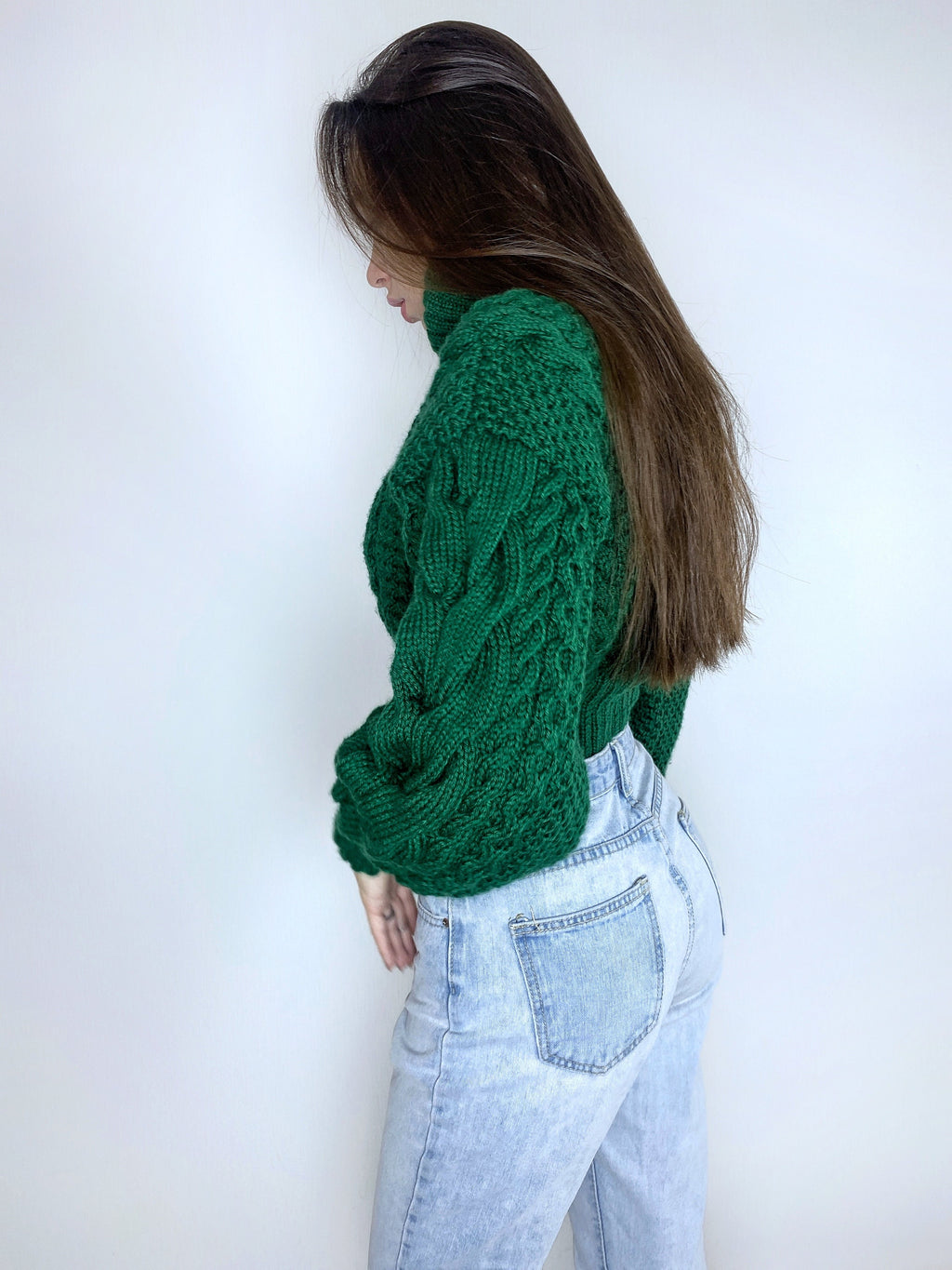 Crop hand knitted green emerald sweater Chunky Knit Turtleneck Oversized Pullover Women's Cable knit Jumper merino wool winter sweater