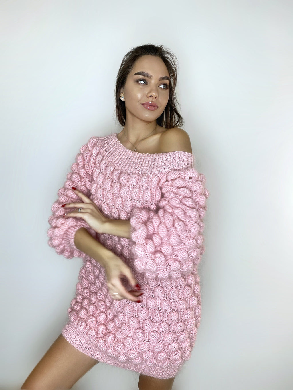 Mohair pink oversized sweater dress off the shoulder Chunky hand knit dress Open shoulders wool long sweater Many colors sweater-dress