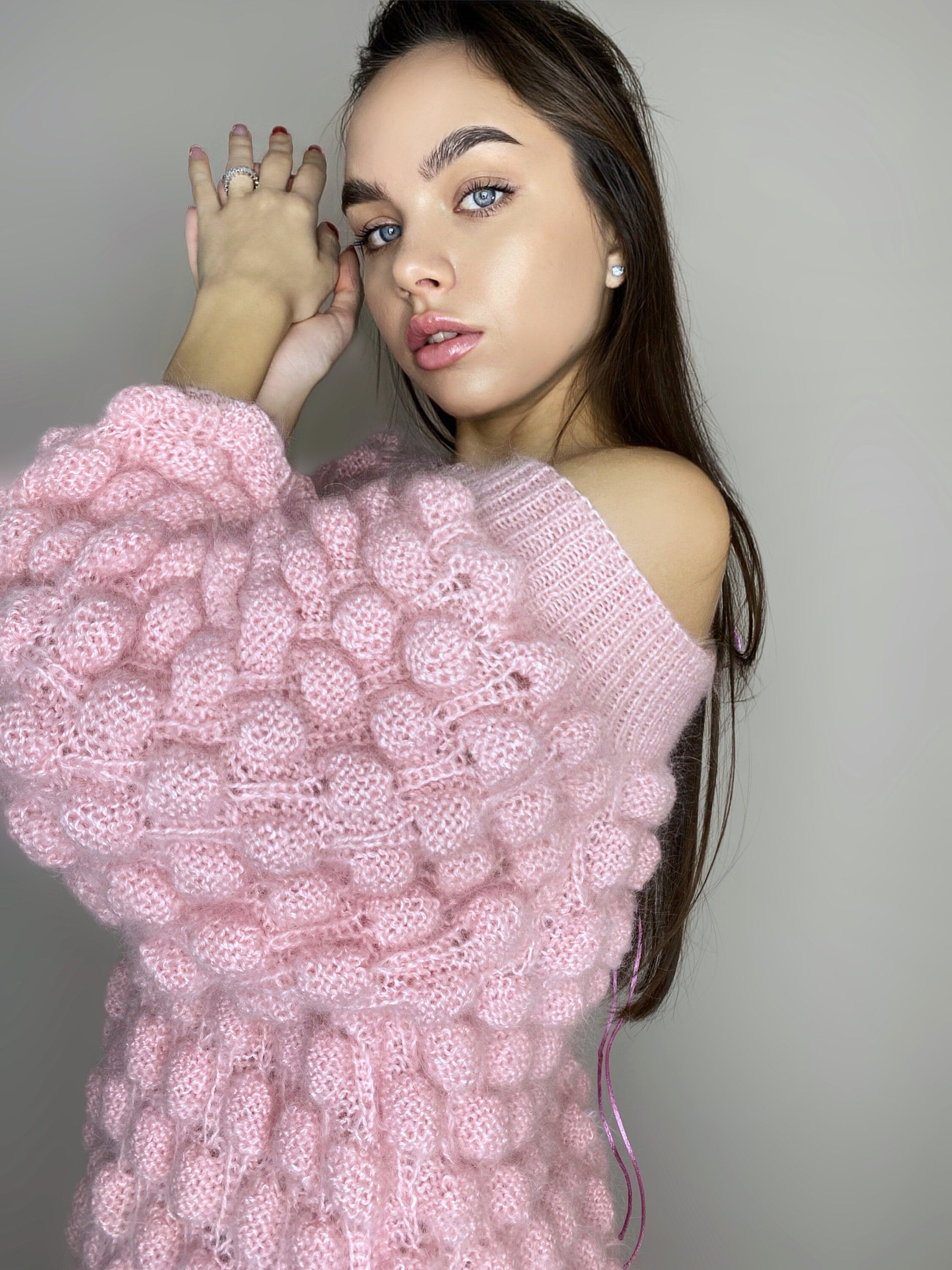 Mohair pink oversized sweater dress off the shoulder Chunky hand knit dress Open shoulders wool long sweater Many colors sweater-dress