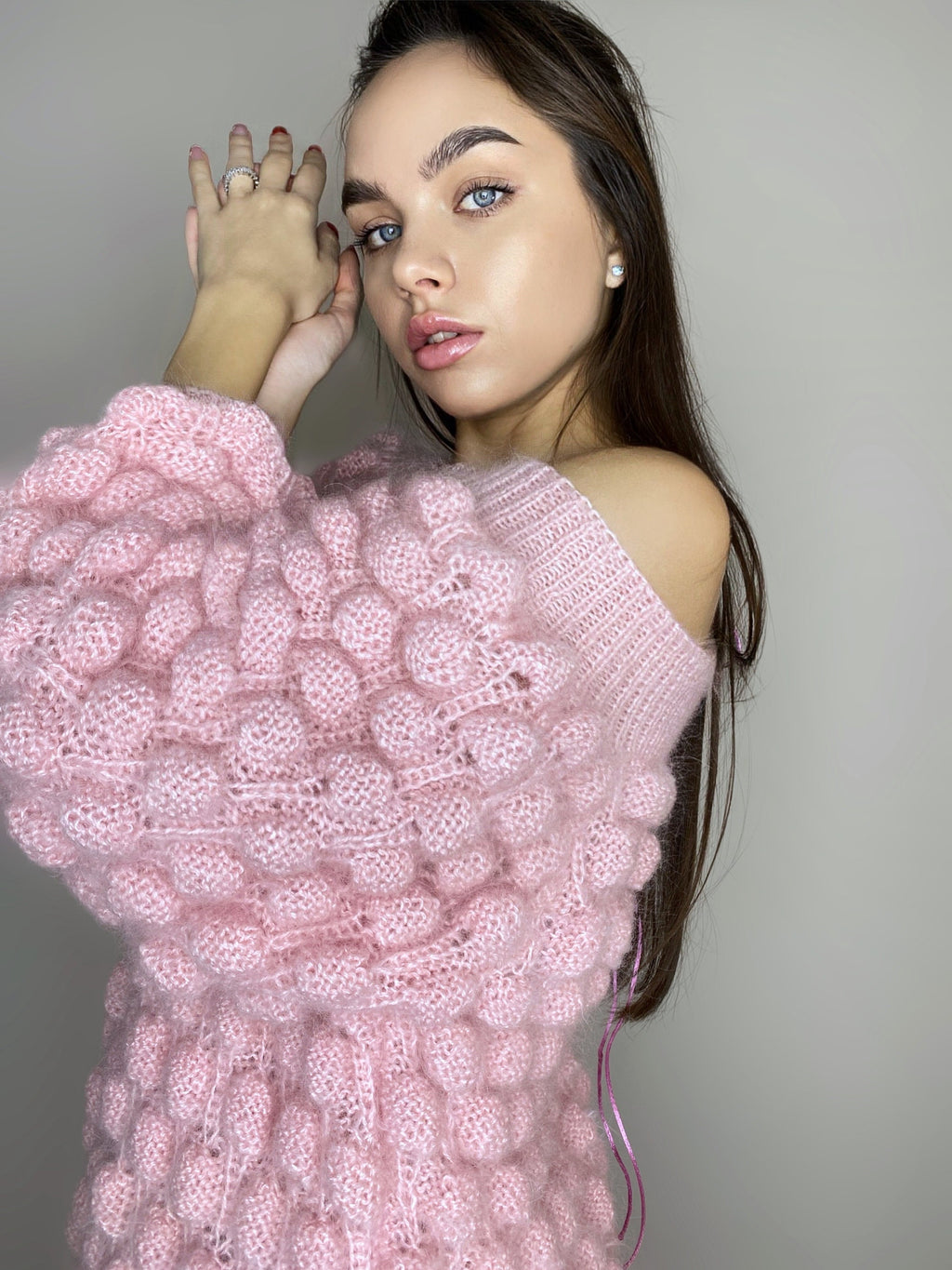 Mohair pink oversized sweater dress off the shoulder Chunky hand knit dress Open shoulders wool long sweater Many colors sweater-dress