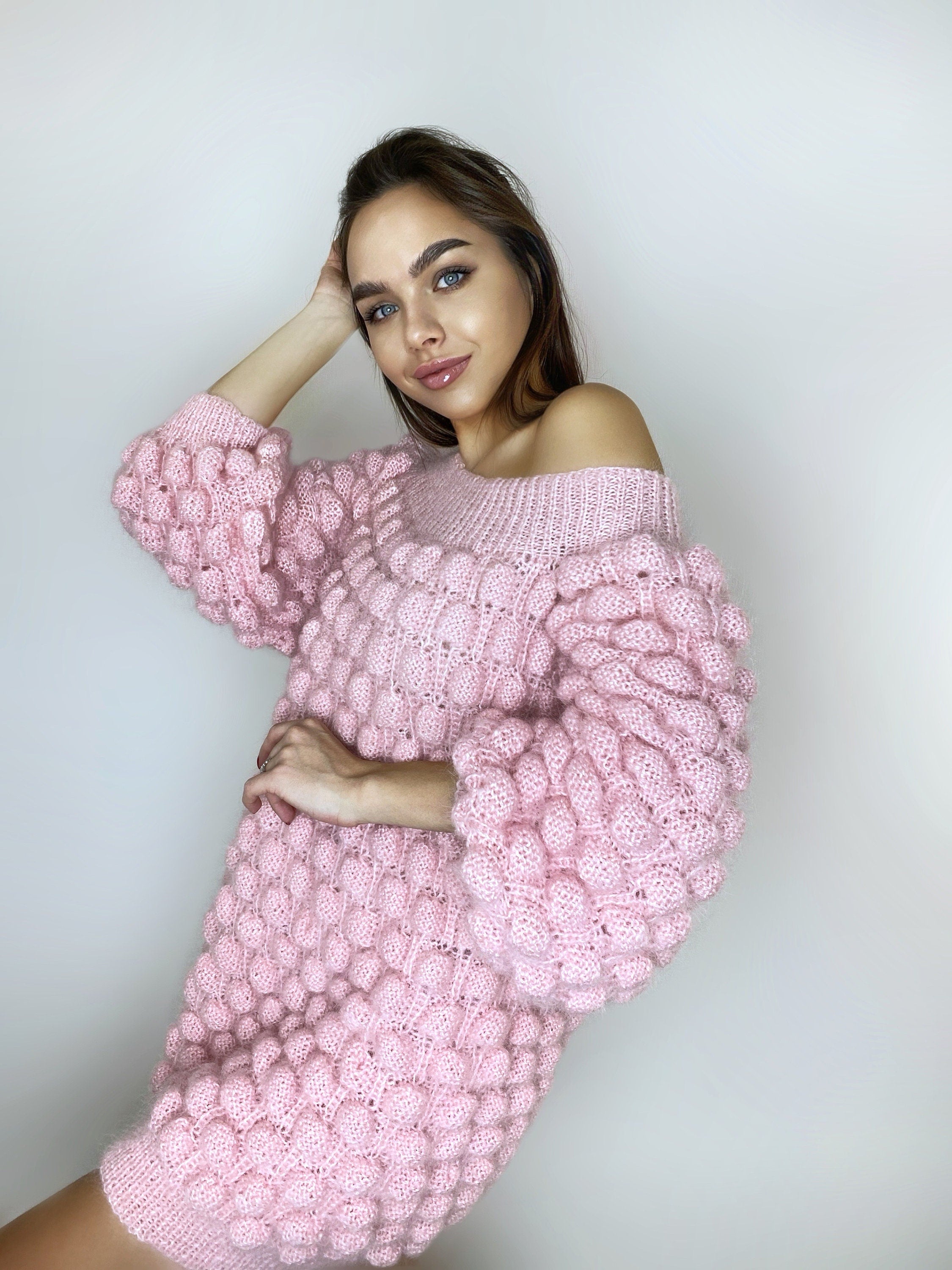 Mohair pink oversized sweater dress off the shoulder Chunky hand knit dress Open shoulders wool long sweater Many colors sweater-dress