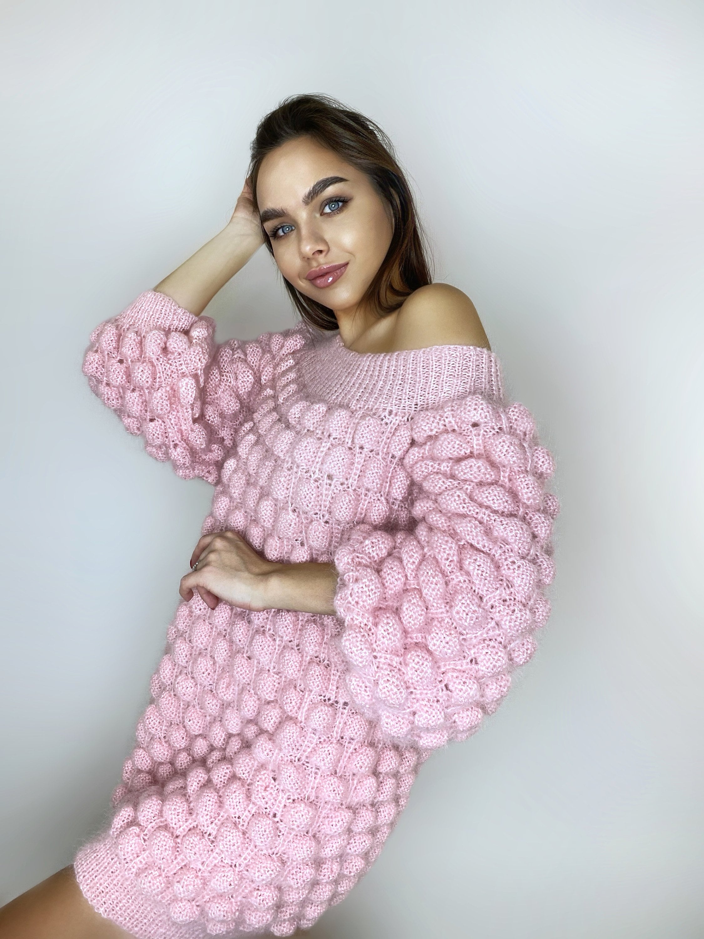 Mohair pink oversized sweater dress off the shoulder Chunky hand knit dress Open shoulders wool long sweater Many colors sweater-dress