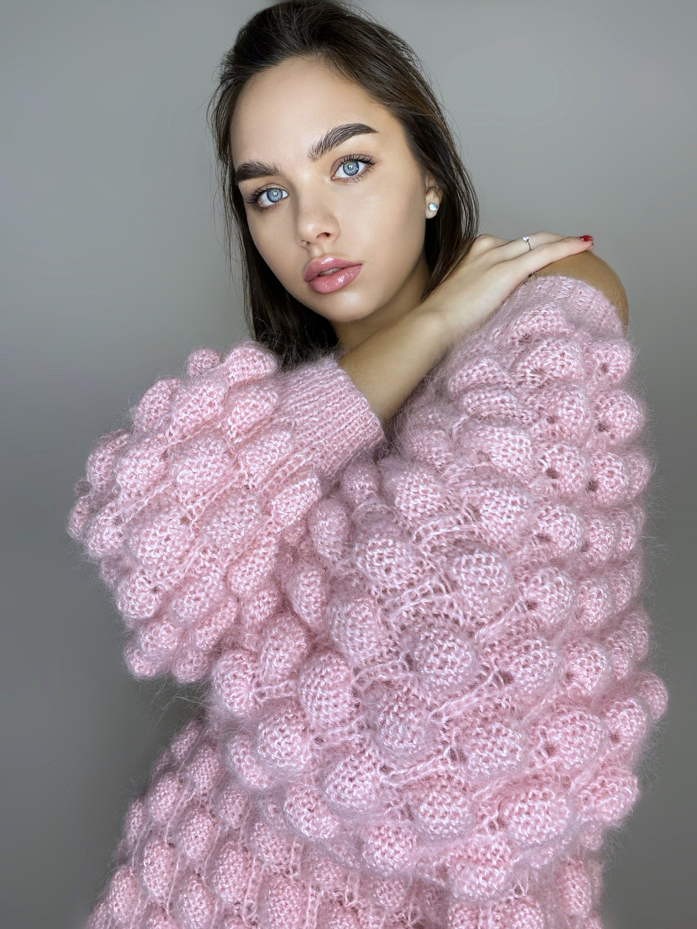 Mohair pink oversized sweater dress off the shoulder Chunky hand knit dress Open shoulders wool long sweater Many colors sweater-dress