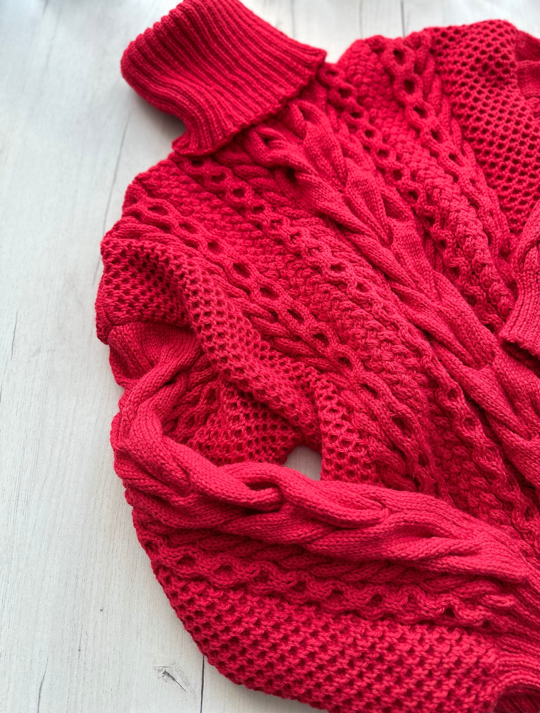 Red chunky knit merino wool mix sweater for men Cable knit Loose Turtleneck Oversized mens pullover Aran Scandinavian High collar jumper