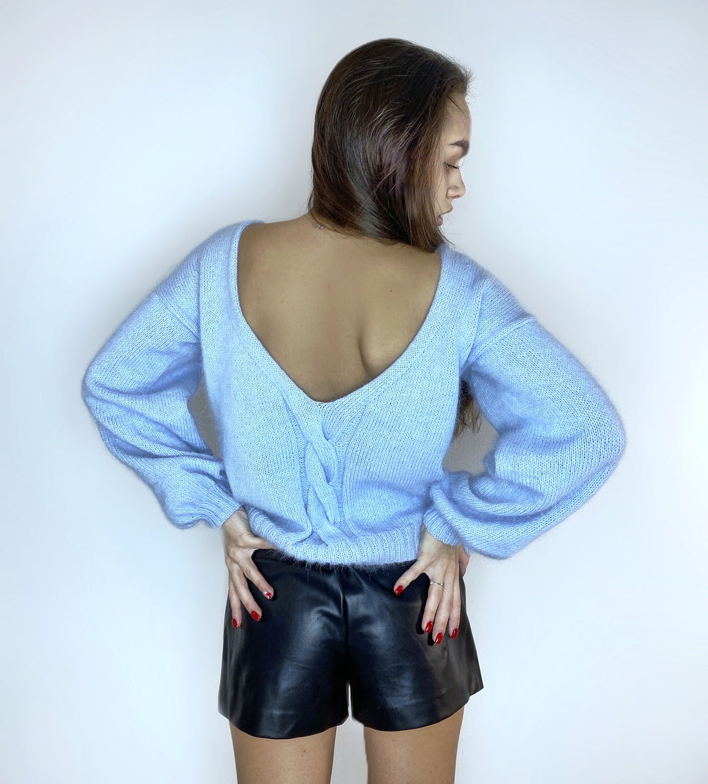 Angora light blue sweater Open back Deep neckline Knit Pastel fluffy angora pullover Loose fit oversized V-neck Top long sleevs Cozy gift