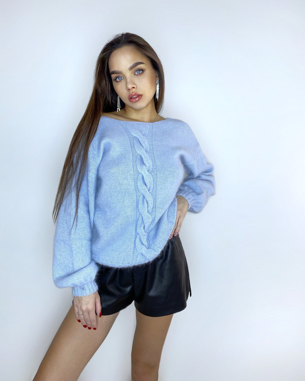 Angora light blue sweater Open back Deep neckline Knit Pastel fluffy angora pullover Loose fit oversized V-neck Top long sleevs Cozy gift