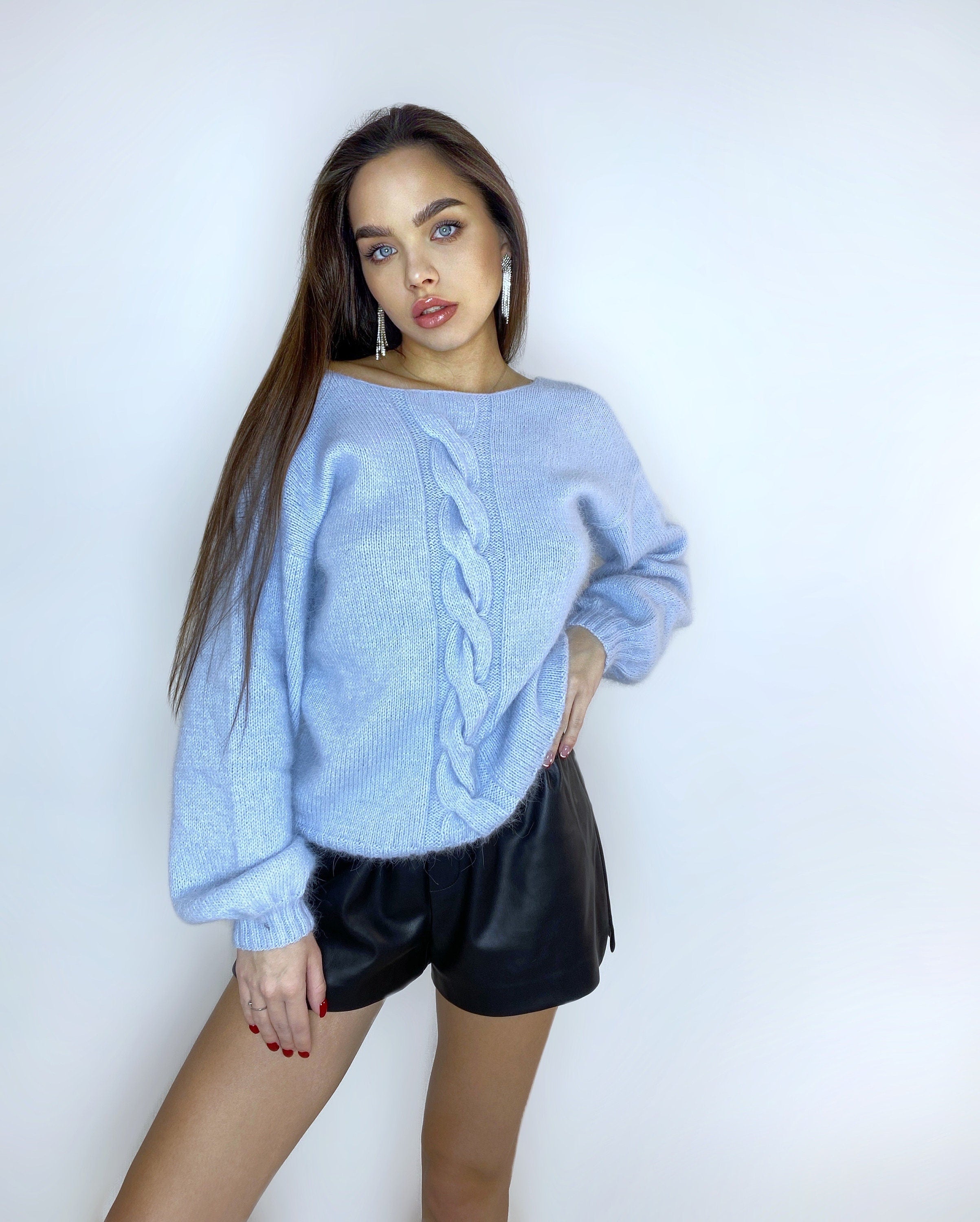 Angora light blue sweater Open back Deep neckline Knit Pastel fluffy angora pullover Loose fit oversized V-neck Top long sleevs Cozy gift