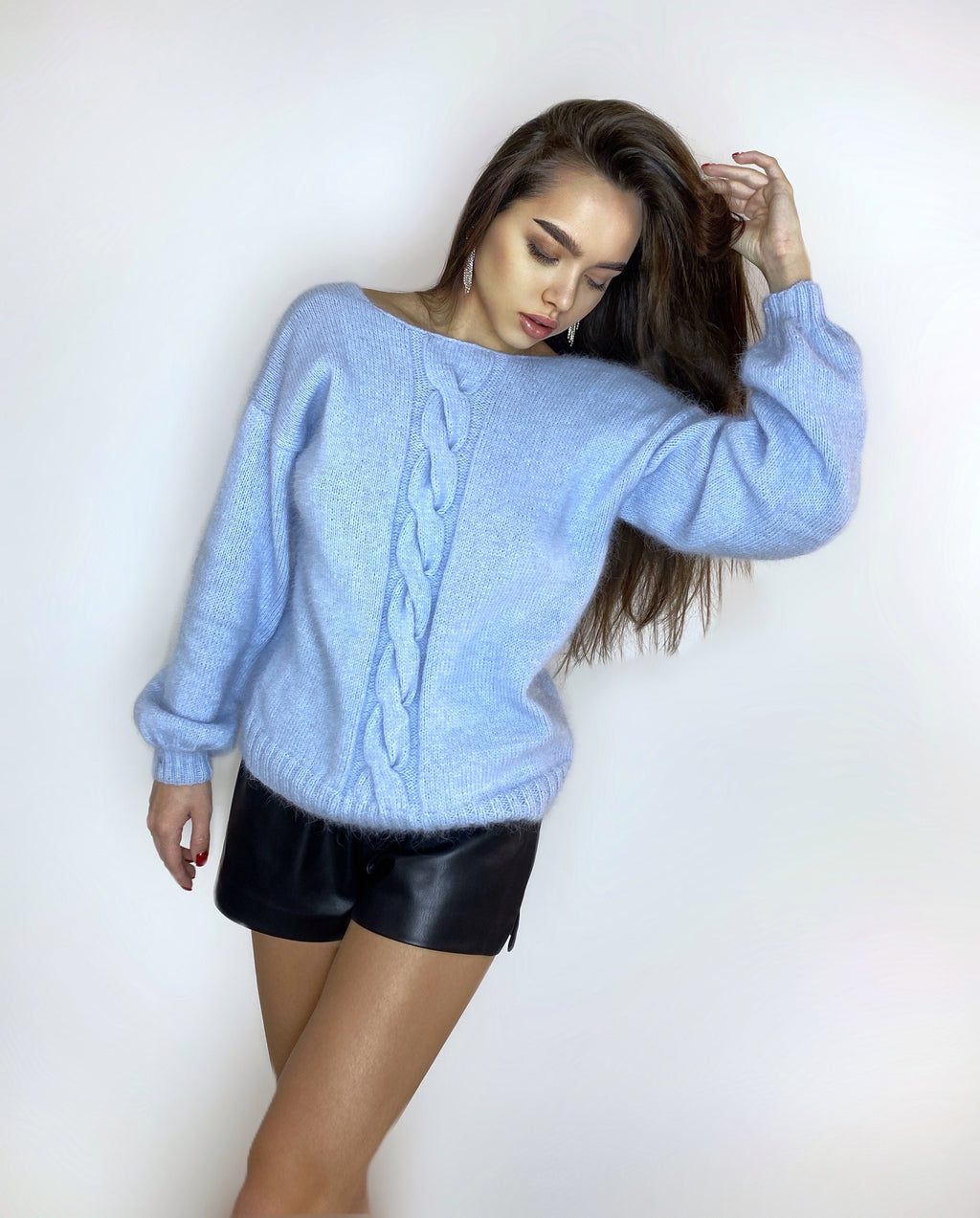 Angora light blue sweater Open back Deep neckline Knit Pastel fluffy angora pullover Loose fit oversized V-neck Top long sleevs Cozy gift