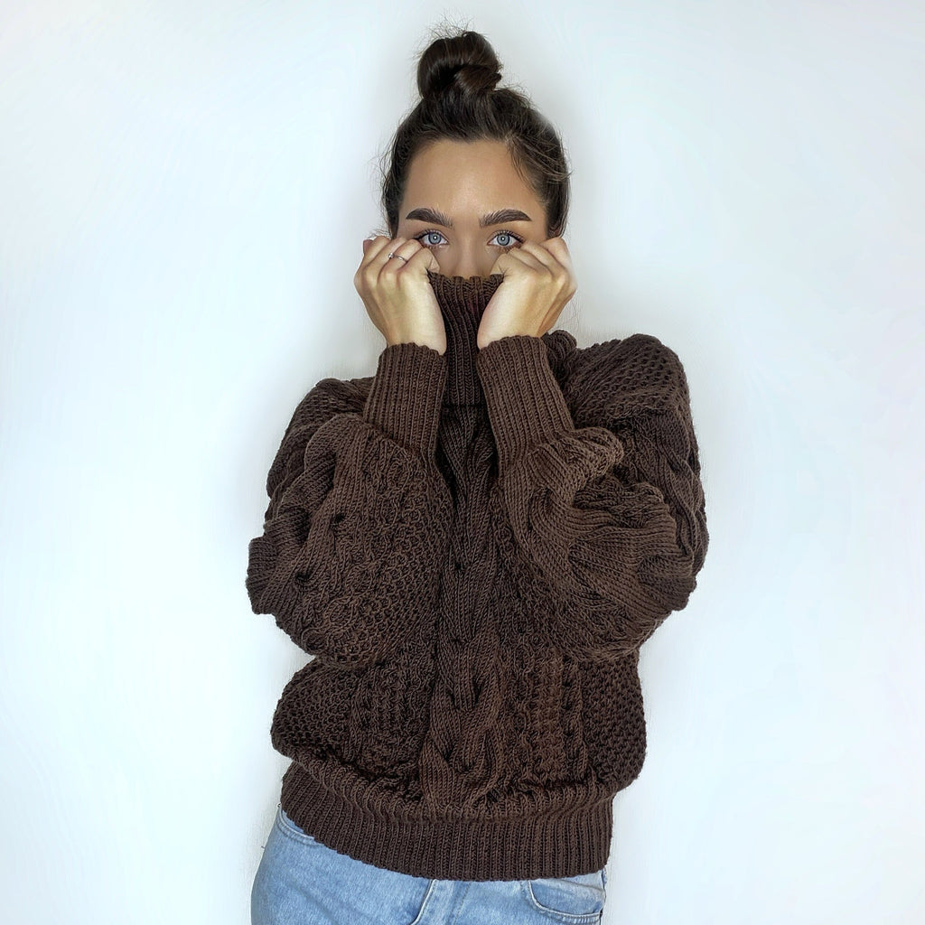 Hand knitted soft merino wool dark brown chocolate sweater Chunky Knit Turtleneck Oversized Pullover Womens Cable knit Jumper winter sweater