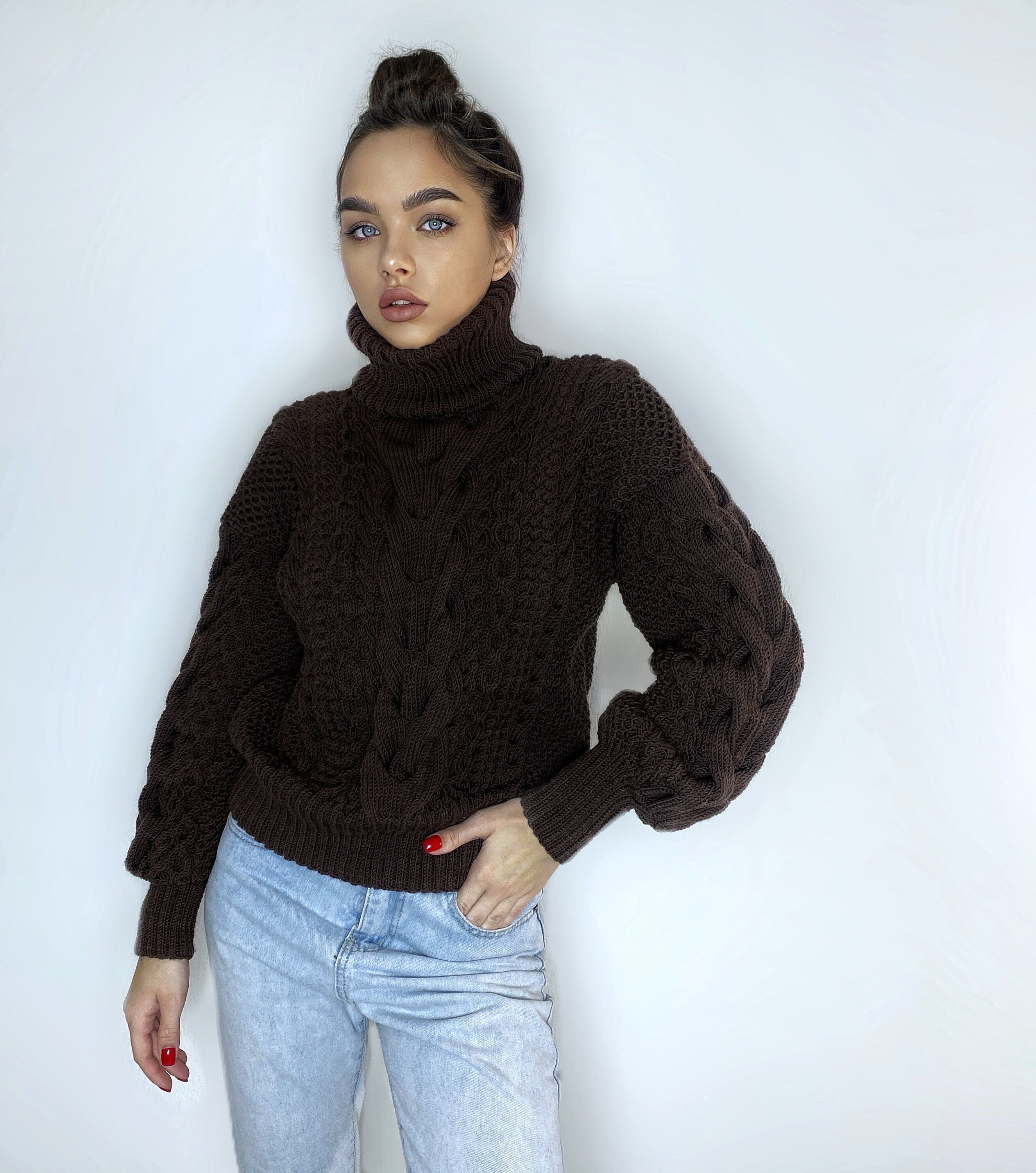 Hand knitted soft merino wool dark brown chocolate sweater Chunky Knit Turtleneck Oversized Pullover Womens Cable knit Jumper winter sweater