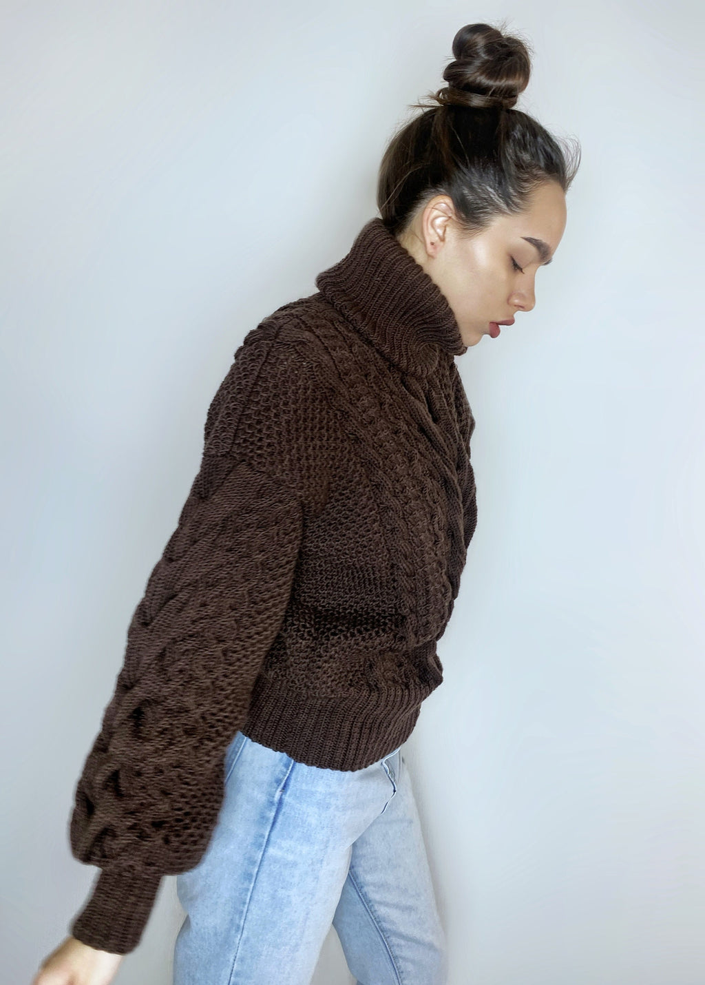 Hand knitted soft merino wool dark brown chocolate sweater Chunky Knit Turtleneck Oversized Pullover Womens Cable knit Jumper winter sweater