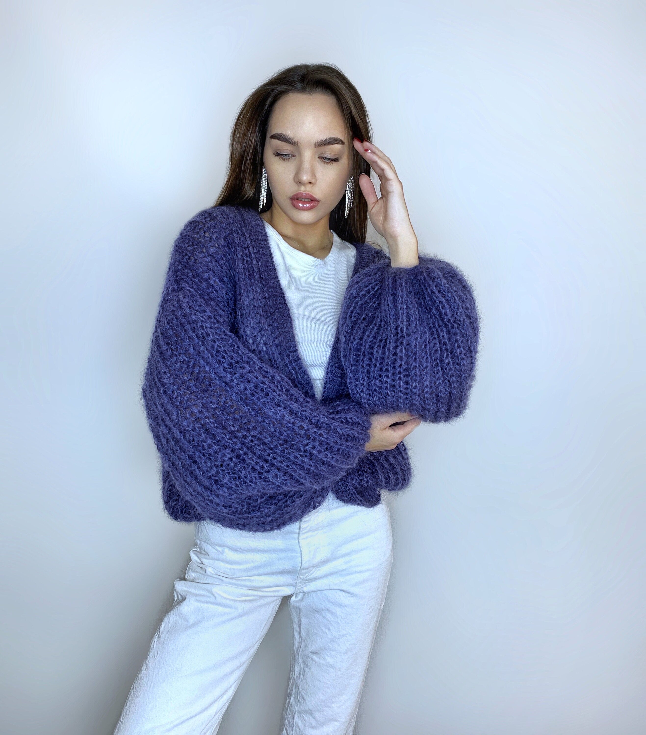 Mohair cardigan women Wedding cardigan Mohair sweater Dark blue knitted coat Jacket Women Bridal shrug bolero wool Fluffy short cardigan