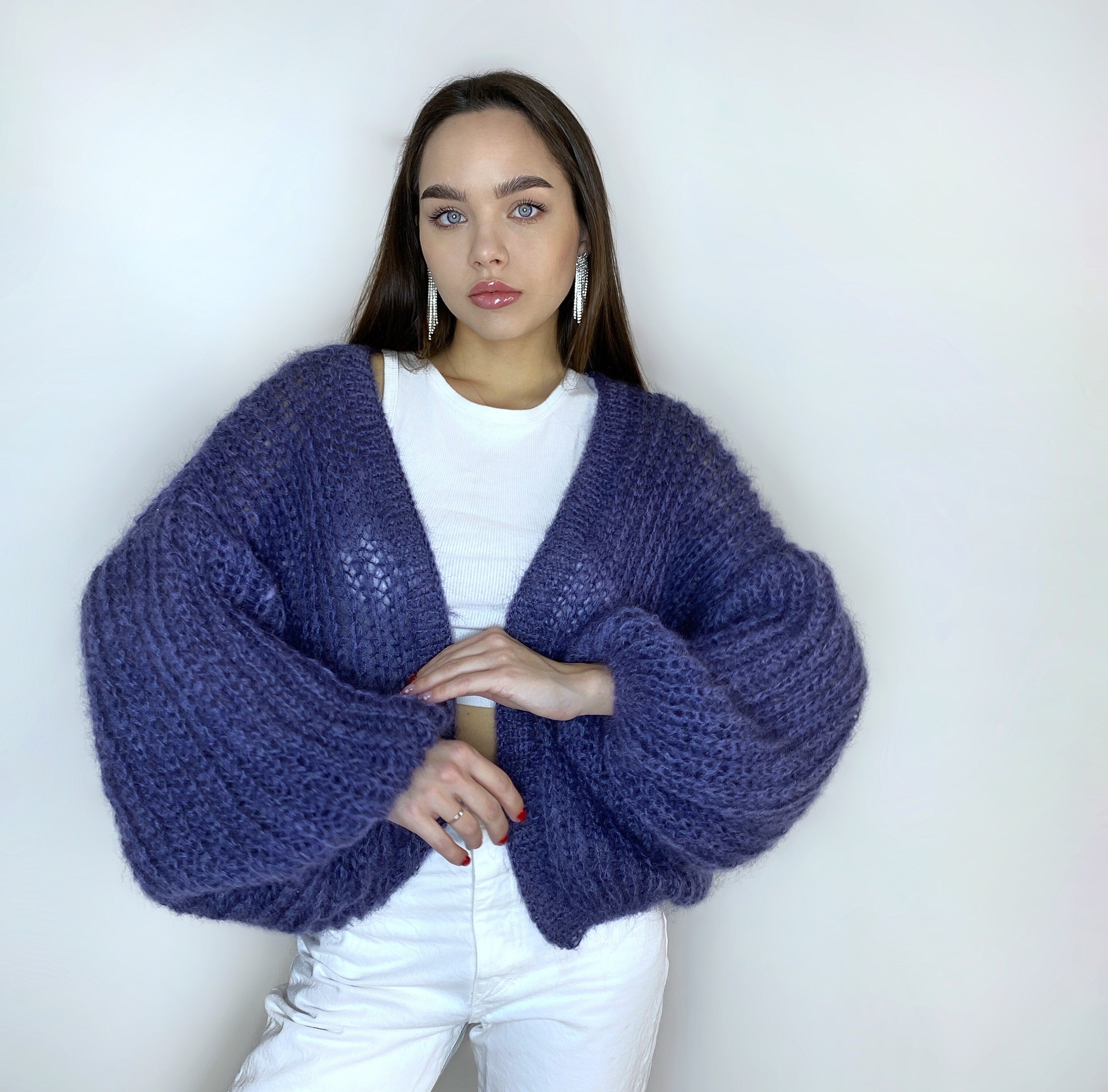 Mohair cardigan women Wedding cardigan Mohair sweater Dark blue knitted coat Jacket Women Bridal shrug bolero wool Fluffy short cardigan