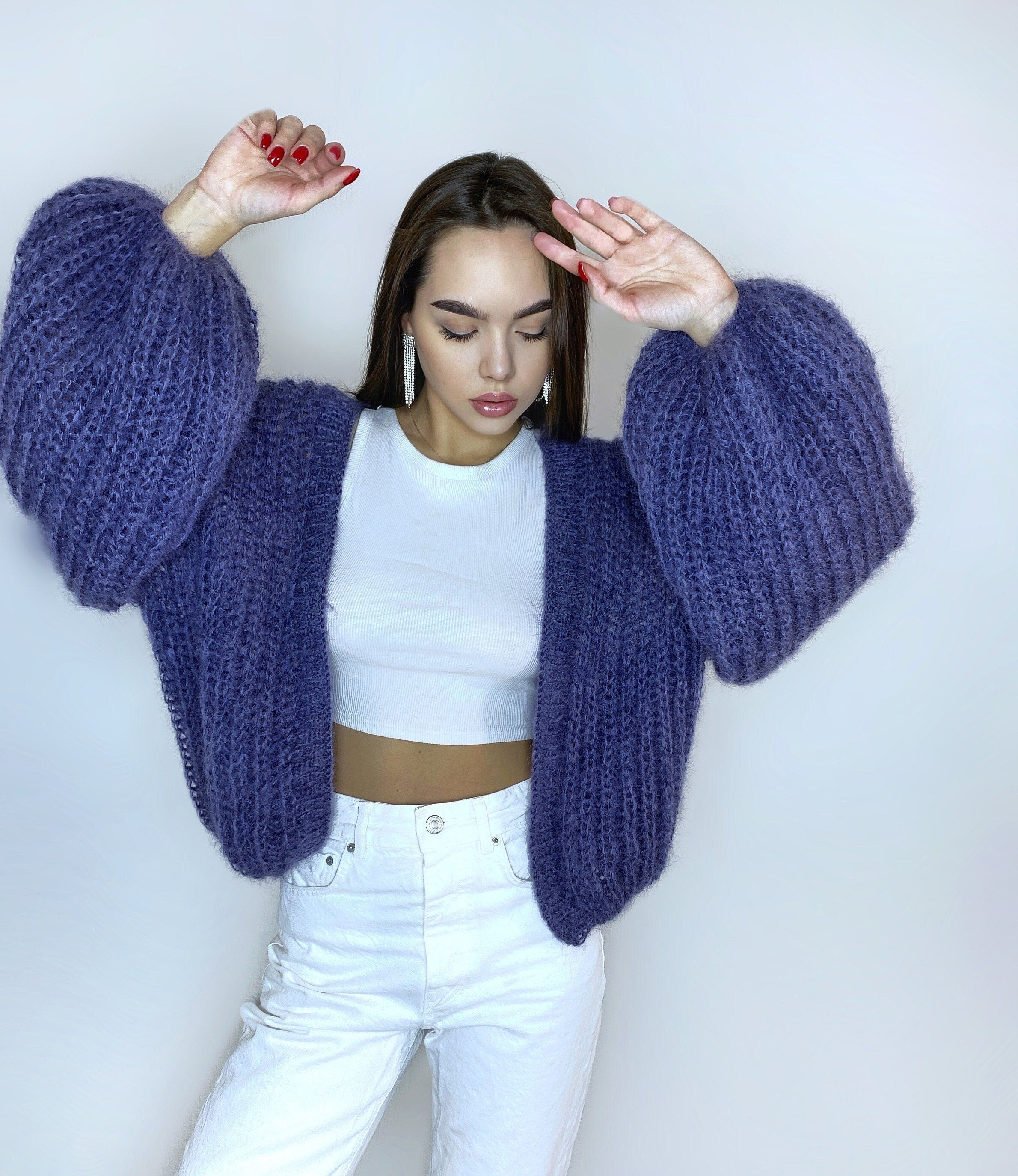 Mohair cardigan women Wedding cardigan Mohair sweater Dark blue knitted coat Jacket Women Bridal shrug bolero wool Fluffy short cardigan