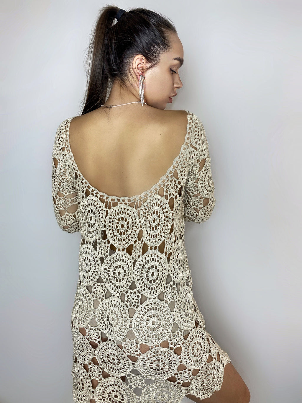 Beach dress/beach Cover-Ups/beige crochet dress/mini pastel cover-ups/cotton crochet dress/crochet vintage/beachwear/lace crochet dress