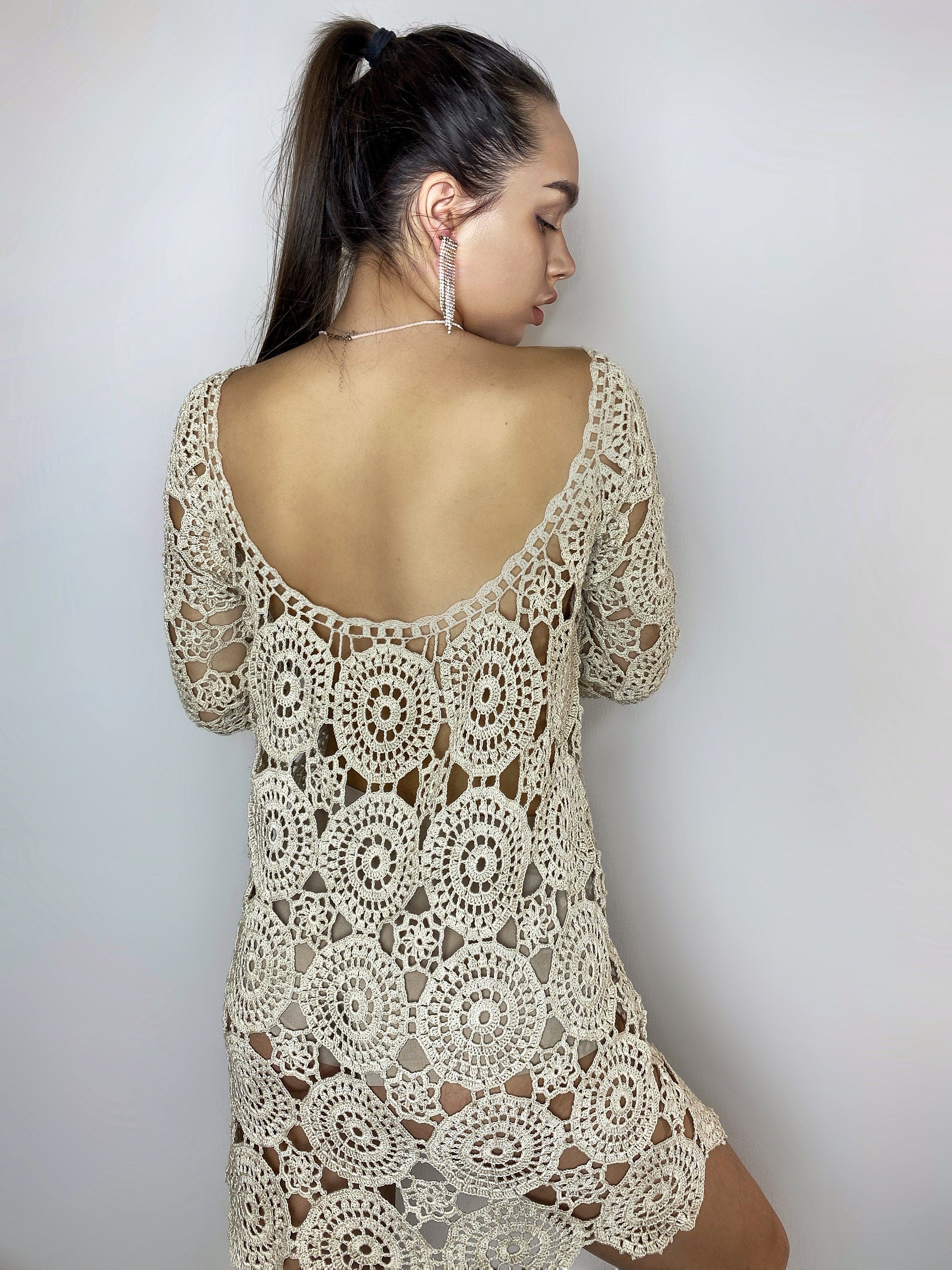 Beach dress/beach Cover-Ups/beige crochet dress/mini pastel cover-ups/cotton crochet dress/crochet vintage/beachwear/lace crochet dress