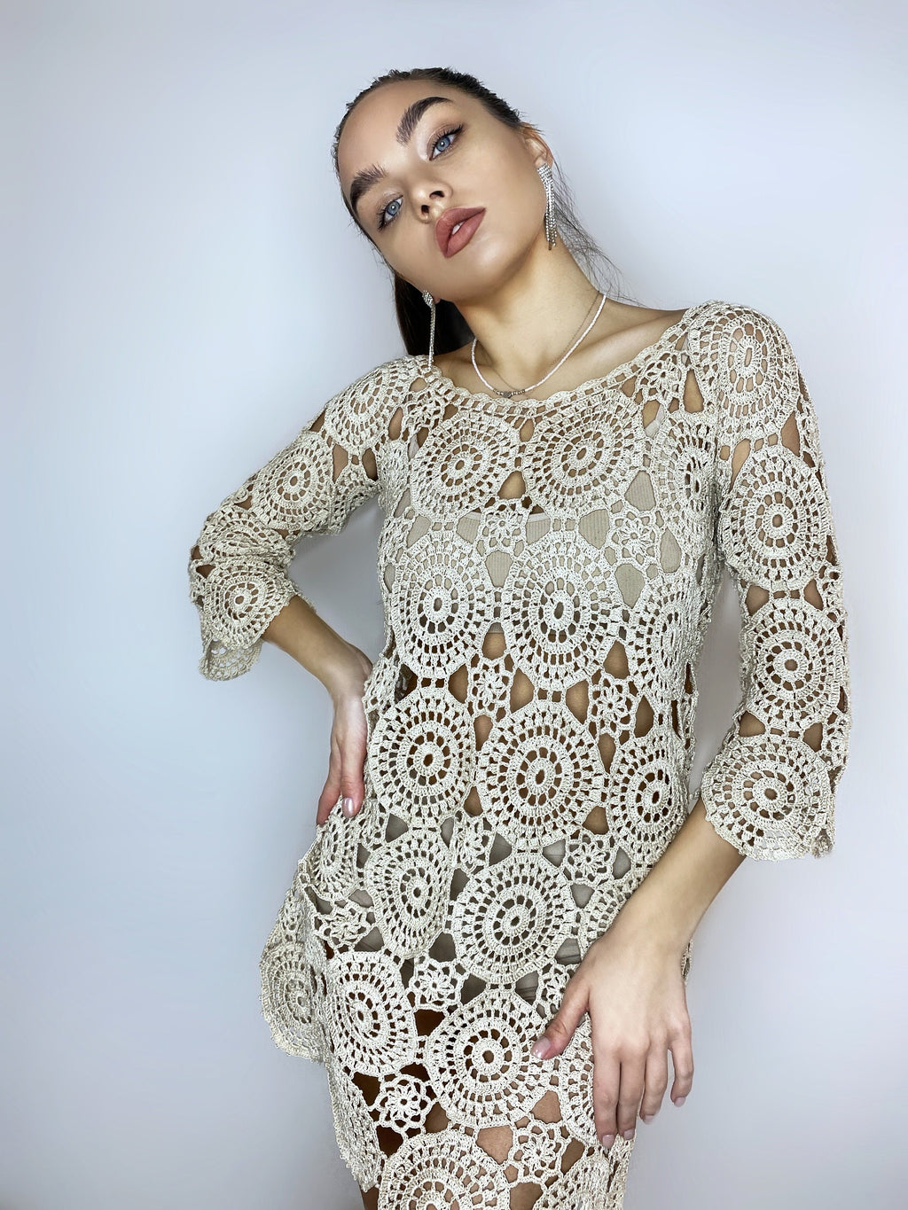 Beach dress/beach Cover-Ups/beige crochet dress/mini pastel cover-ups/cotton crochet dress/crochet vintage/beachwear/lace crochet dress