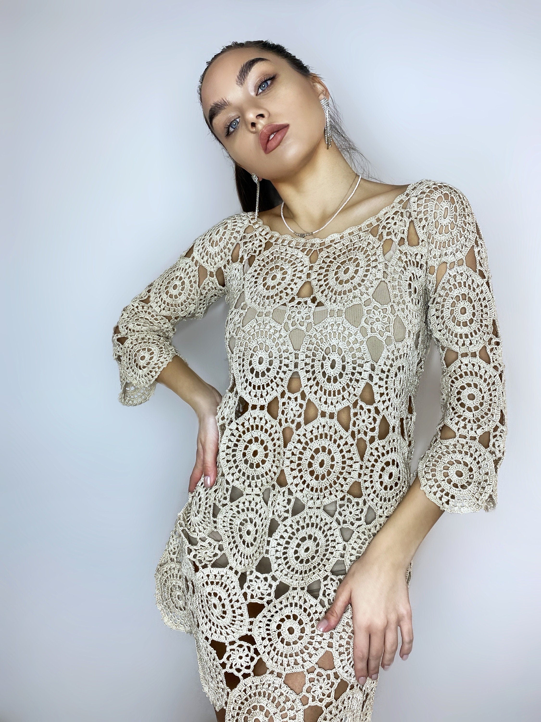 Beach dress/beach Cover-Ups/beige crochet dress/mini pastel cover-ups/cotton crochet dress/crochet vintage/beachwear/lace crochet dress