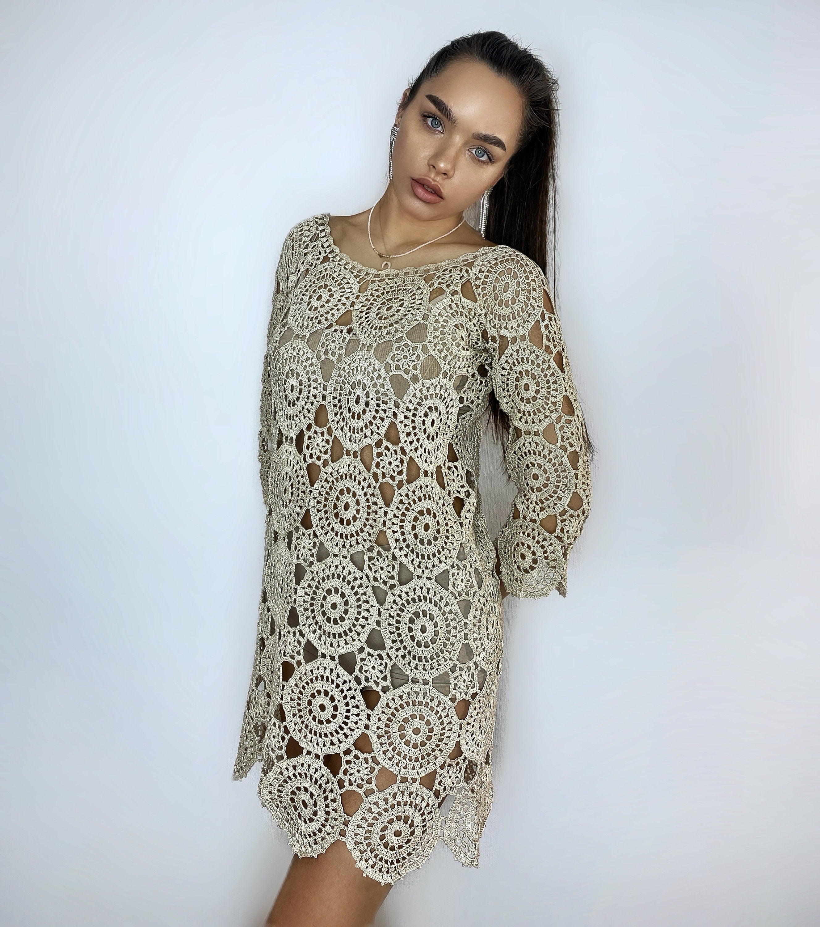 Beach dress/beach Cover-Ups/beige crochet dress/mini pastel cover-ups/cotton crochet dress/crochet vintage/beachwear/lace crochet dress