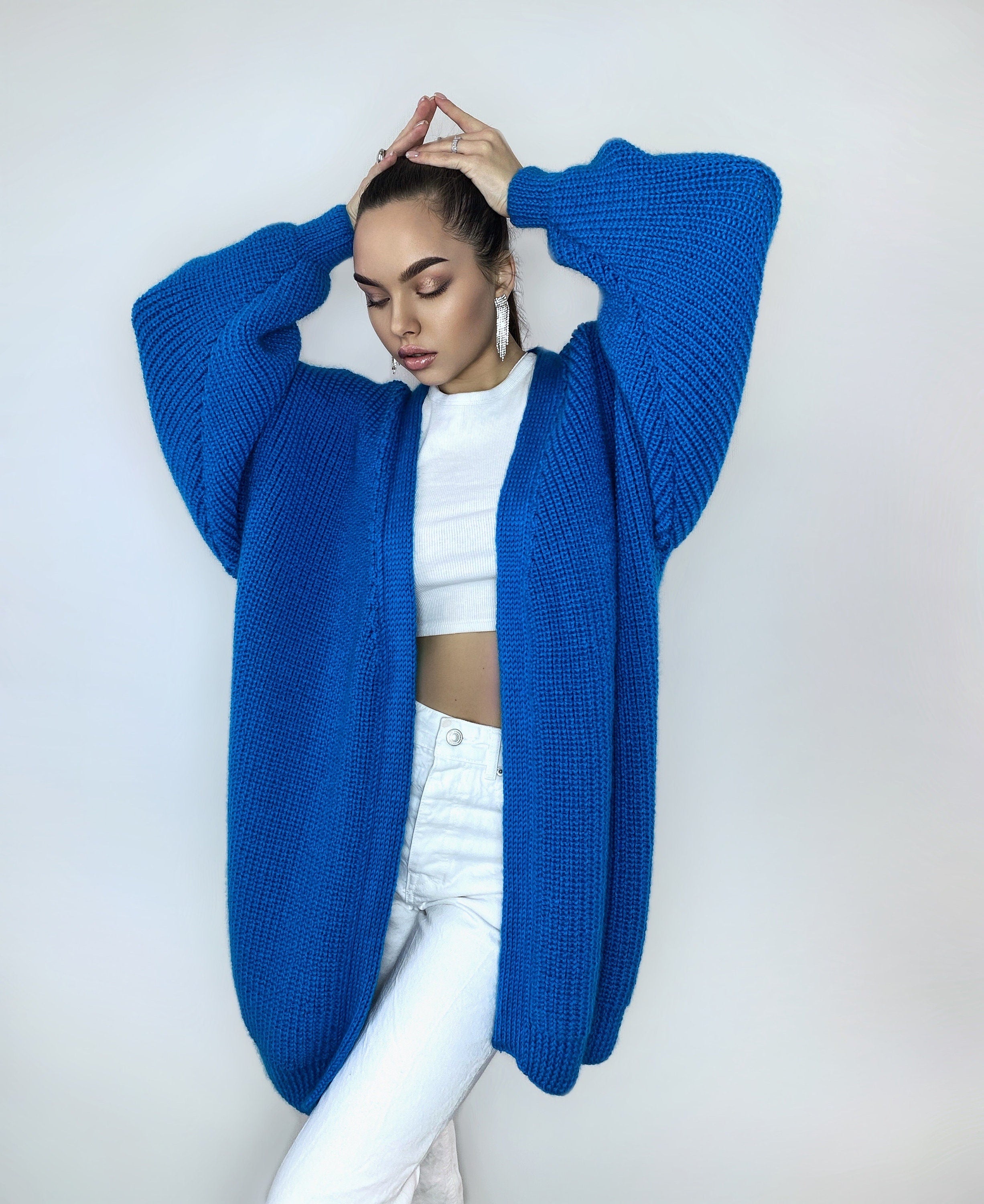 Chunky knitted cardigan Oversize blue sweater Cable knit cardigan Powder Balloon sleeve hand knitted blue cardigan cocoon for women