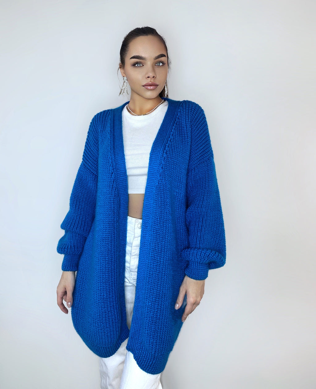 Chunky knitted cardigan Oversize blue sweater Cable knit cardigan Powder Balloon sleeve hand knitted blue cardigan cocoon for women