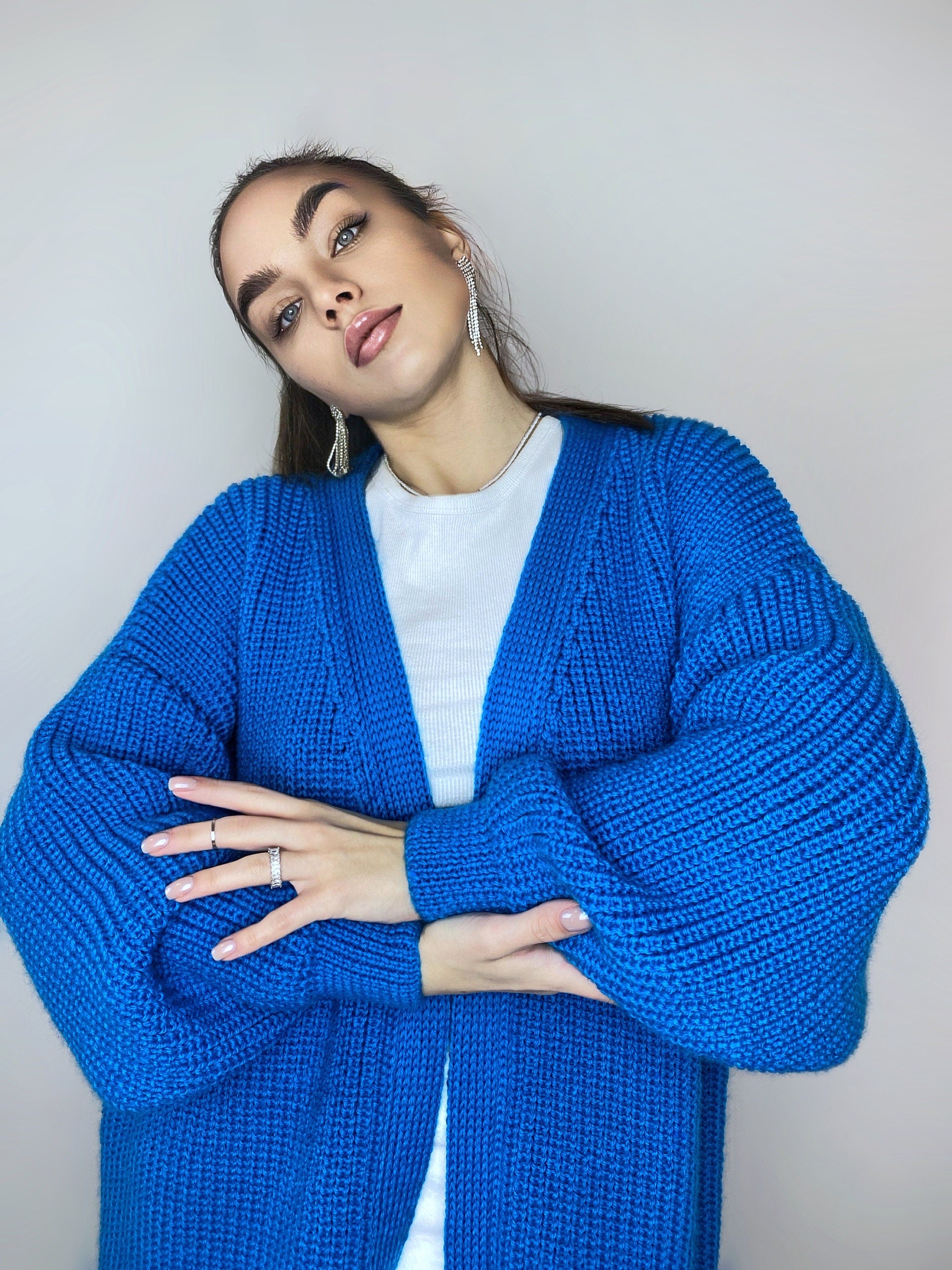 Chunky knitted cardigan Oversize blue sweater Cable knit cardigan Powder Balloon sleeve hand knitted blue cardigan cocoon for women