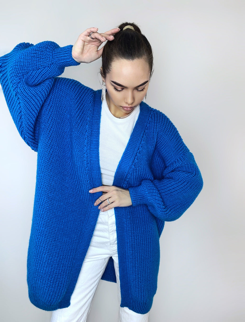 Chunky knitted cardigan Oversize blue sweater Cable knit cardigan Powder Balloon sleeve hand knitted blue cardigan cocoon for women