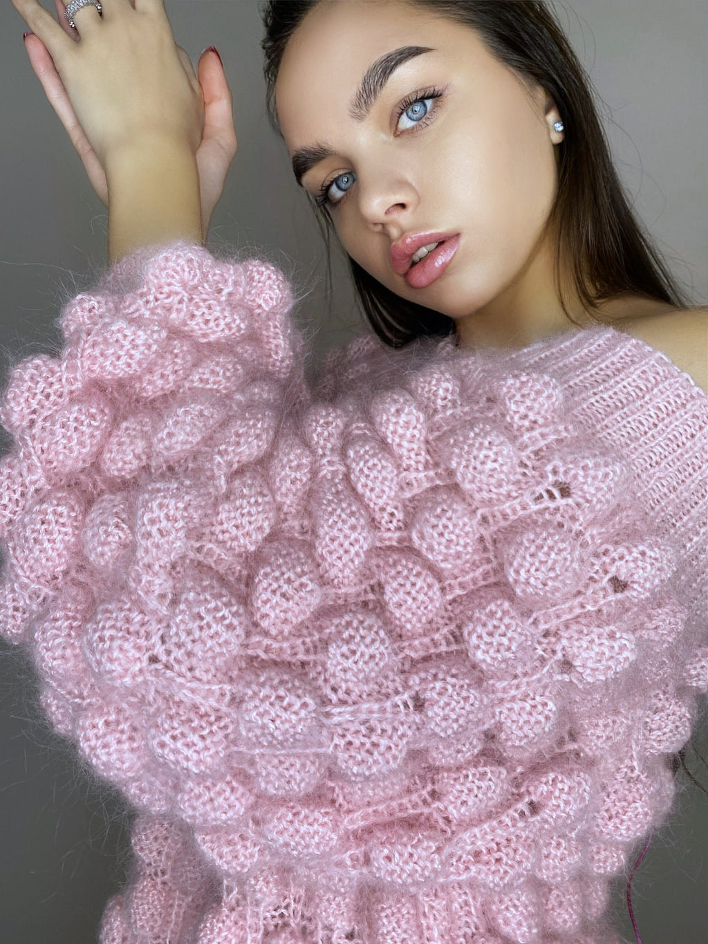 Mohair pink oversized sweater dress off the shoulder Chunky hand knit dress Open shoulders wool long sweater Many colors sweater-dress