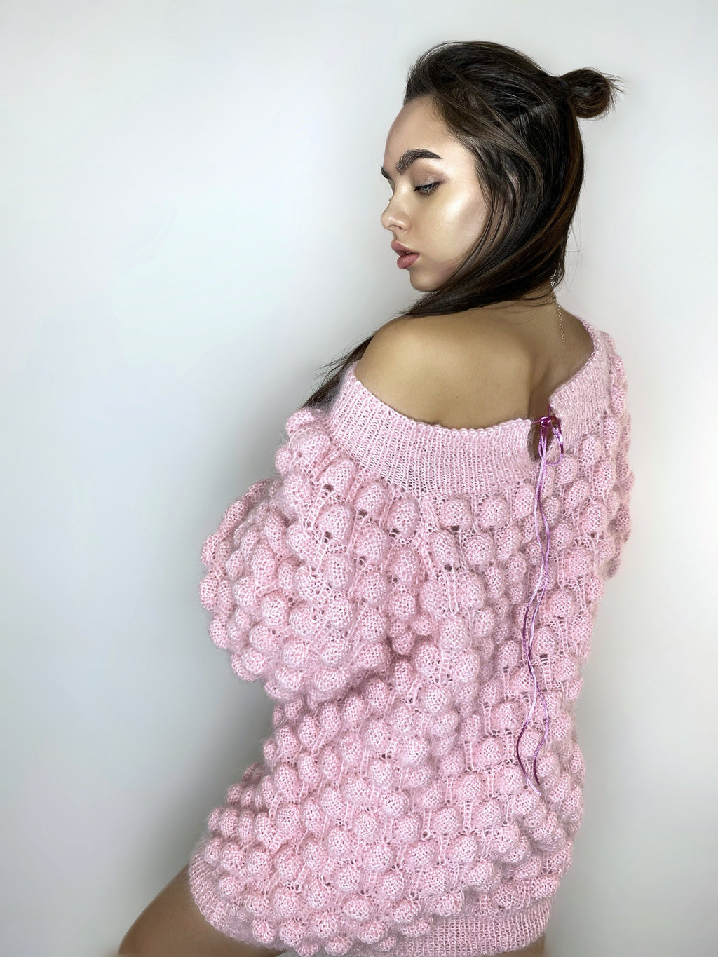 Mohair pink oversized sweater dress off the shoulder Chunky hand knit dress Open shoulders wool long sweater Many colors sweater-dress