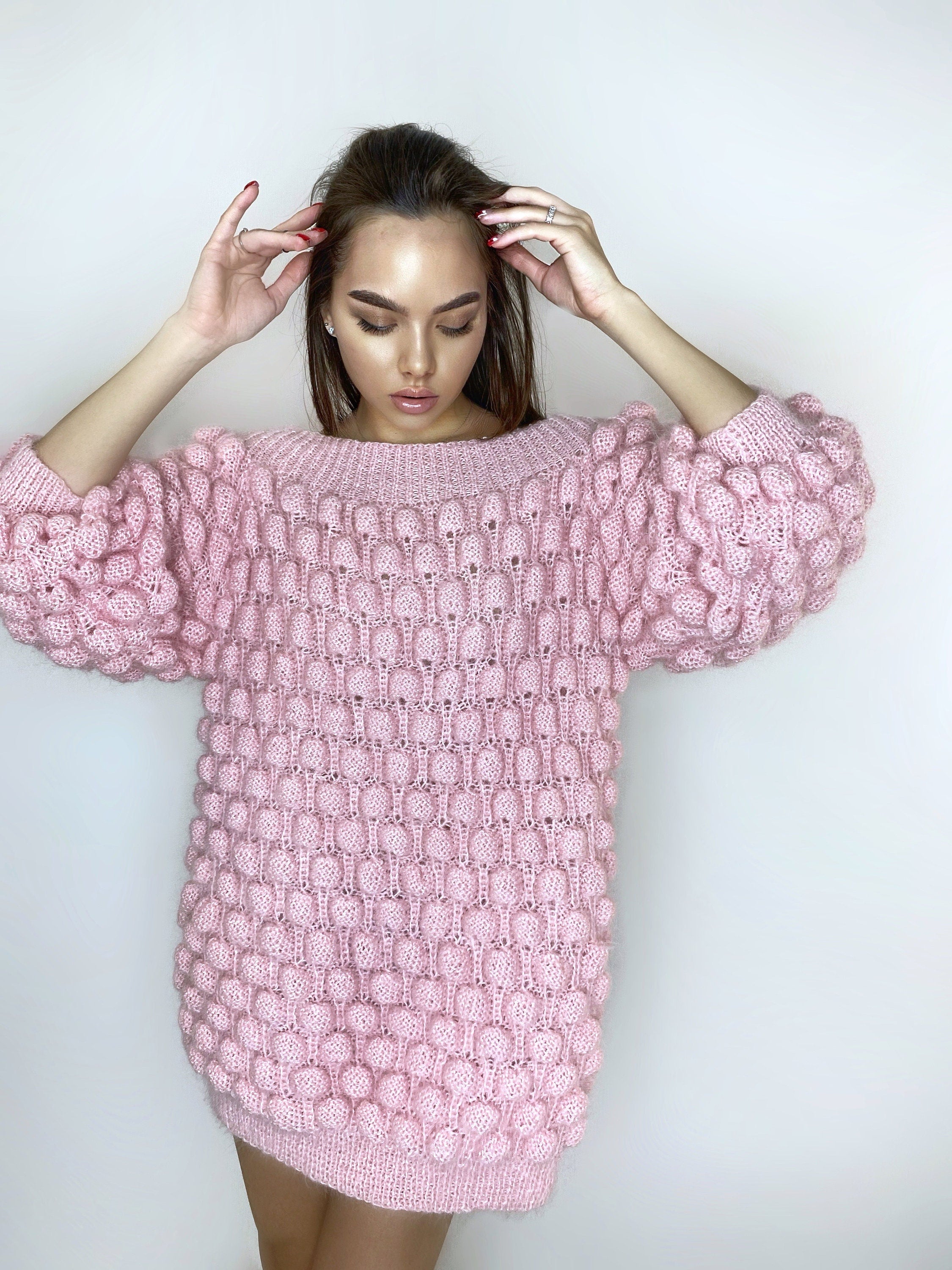 Mohair pink oversized sweater dress off the shoulder Chunky hand knit dress Open shoulders wool long sweater Many colors sweater-dress