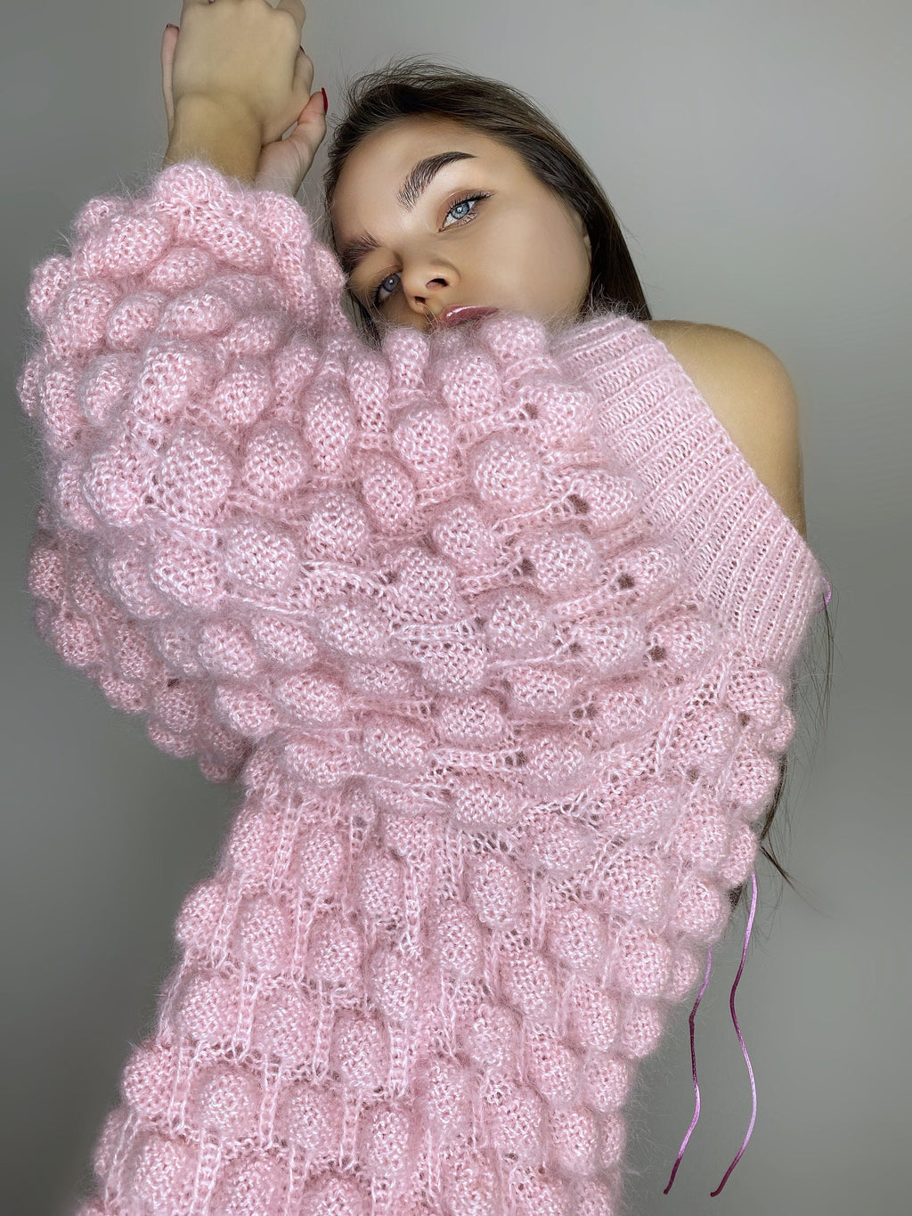 Mohair pink oversized sweater dress off the shoulder Chunky hand knit dress Open shoulders wool long sweater Many colors sweater-dress