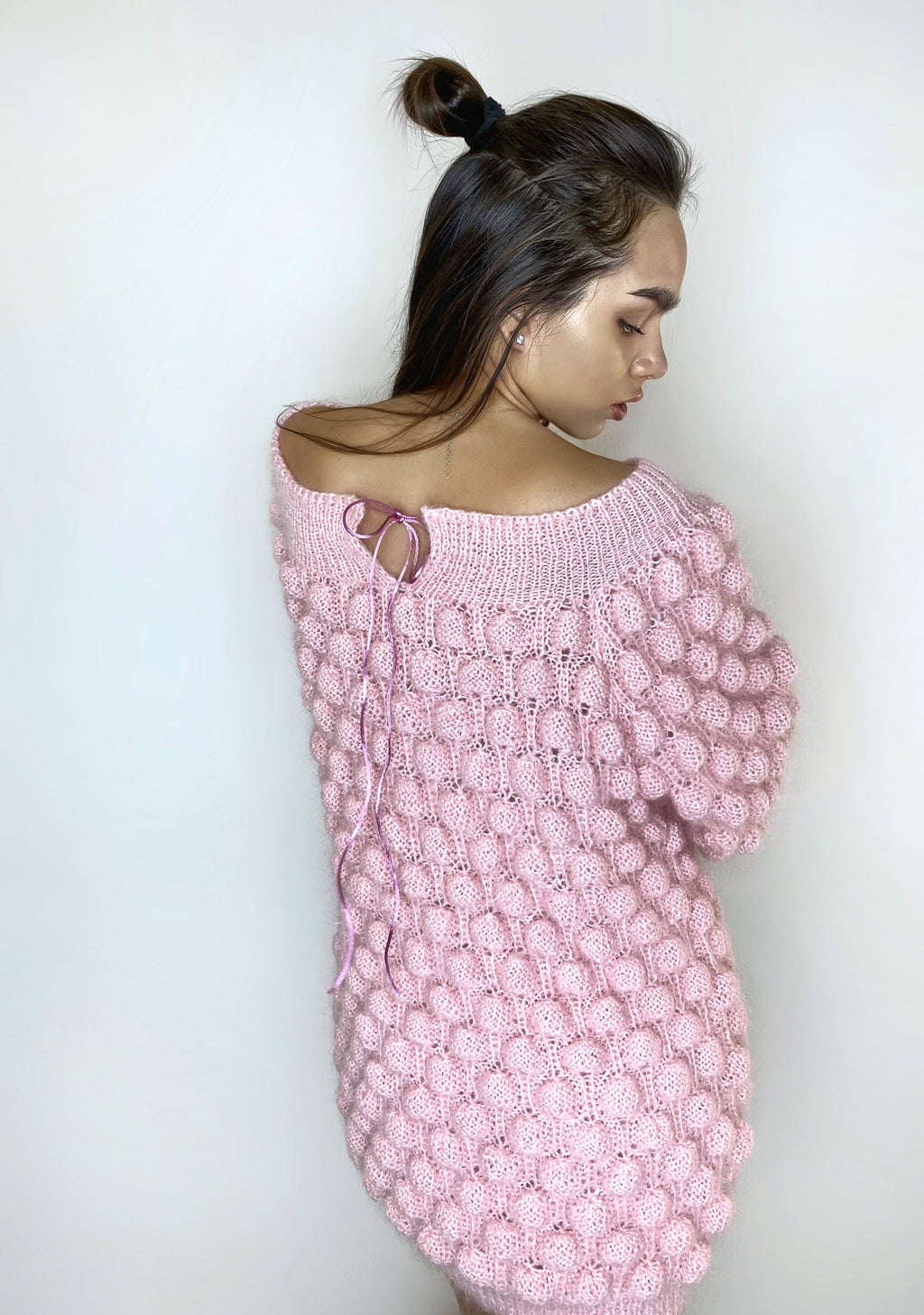 Mohair pink oversized sweater dress off the shoulder Chunky hand knit dress Open shoulders wool long sweater Many colors sweater-dress