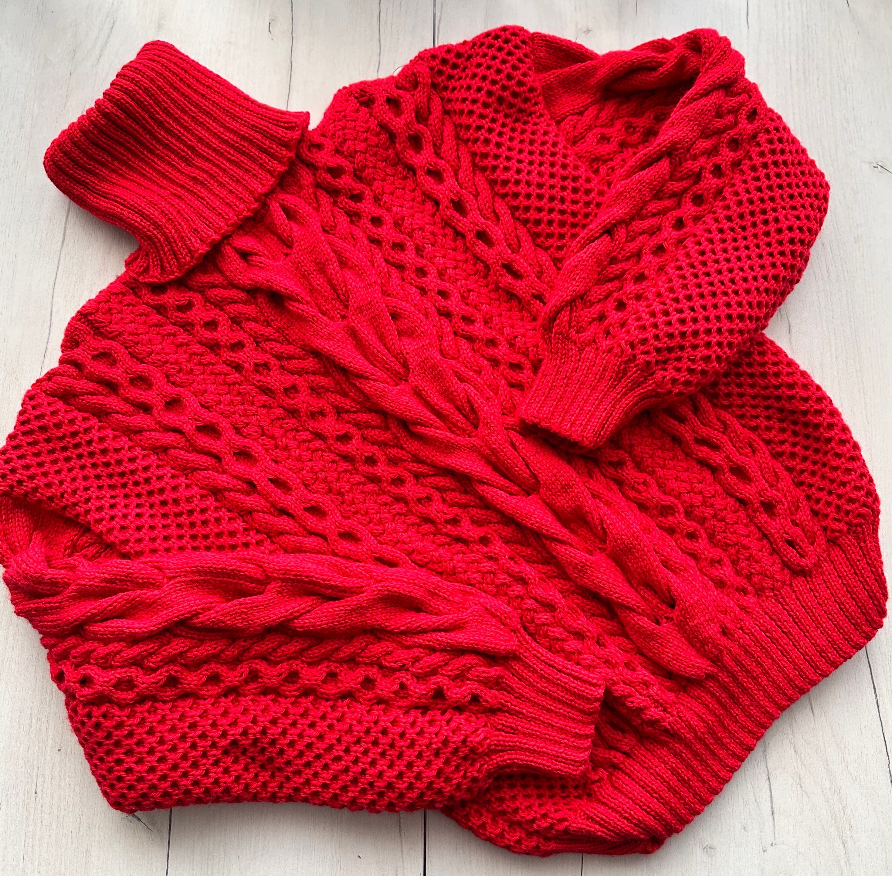Red chunky knit merino wool mix sweater for men Cable knit Loose Turtleneck Oversized mens pullover Aran Scandinavian High collar jumper