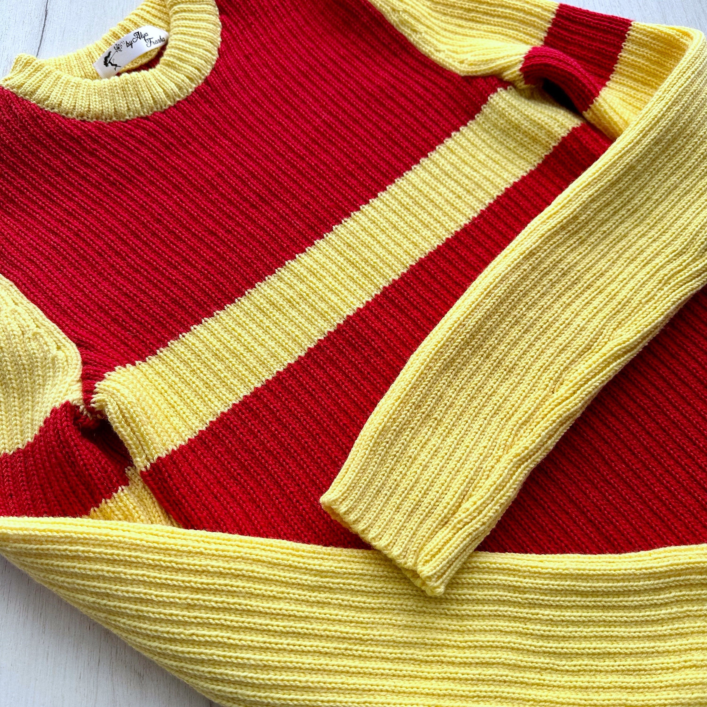 Hand knit mens sweater Men's turtleneck Yellow Red mens knitted sweater Men’s striped sweater gift for bestie Ribbed turtleneck sweater