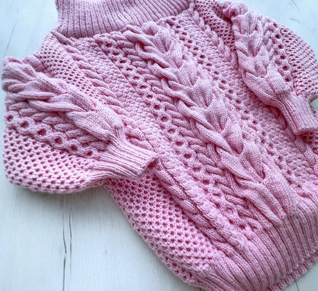Knitted Pink sweater dress Fall dress Knit mini winter dress Mod dress Сable knit aran sweater Irish Braid wool sweater Off the shoulders