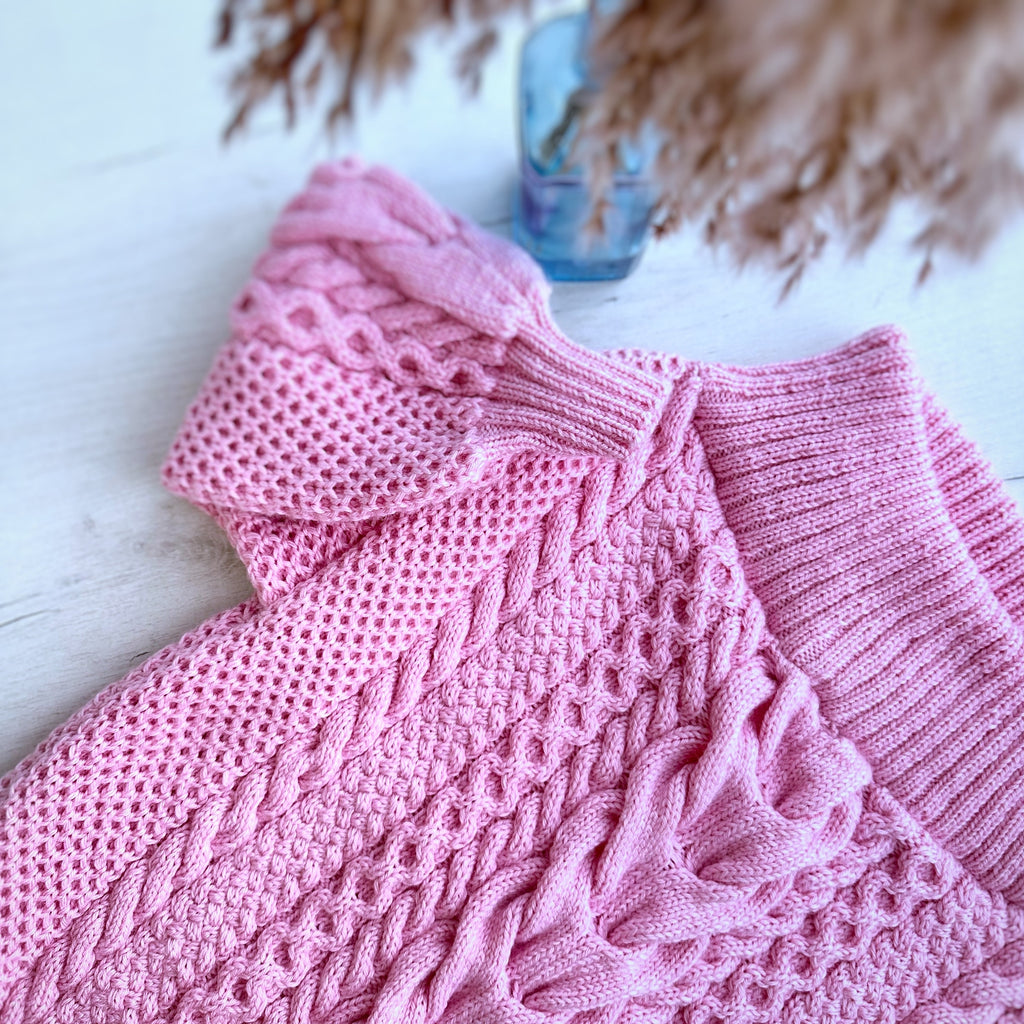Knitted Pink sweater dress Fall dress Knit mini winter dress Mod dress Сable knit aran sweater Irish Braid wool sweater Off the shoulders